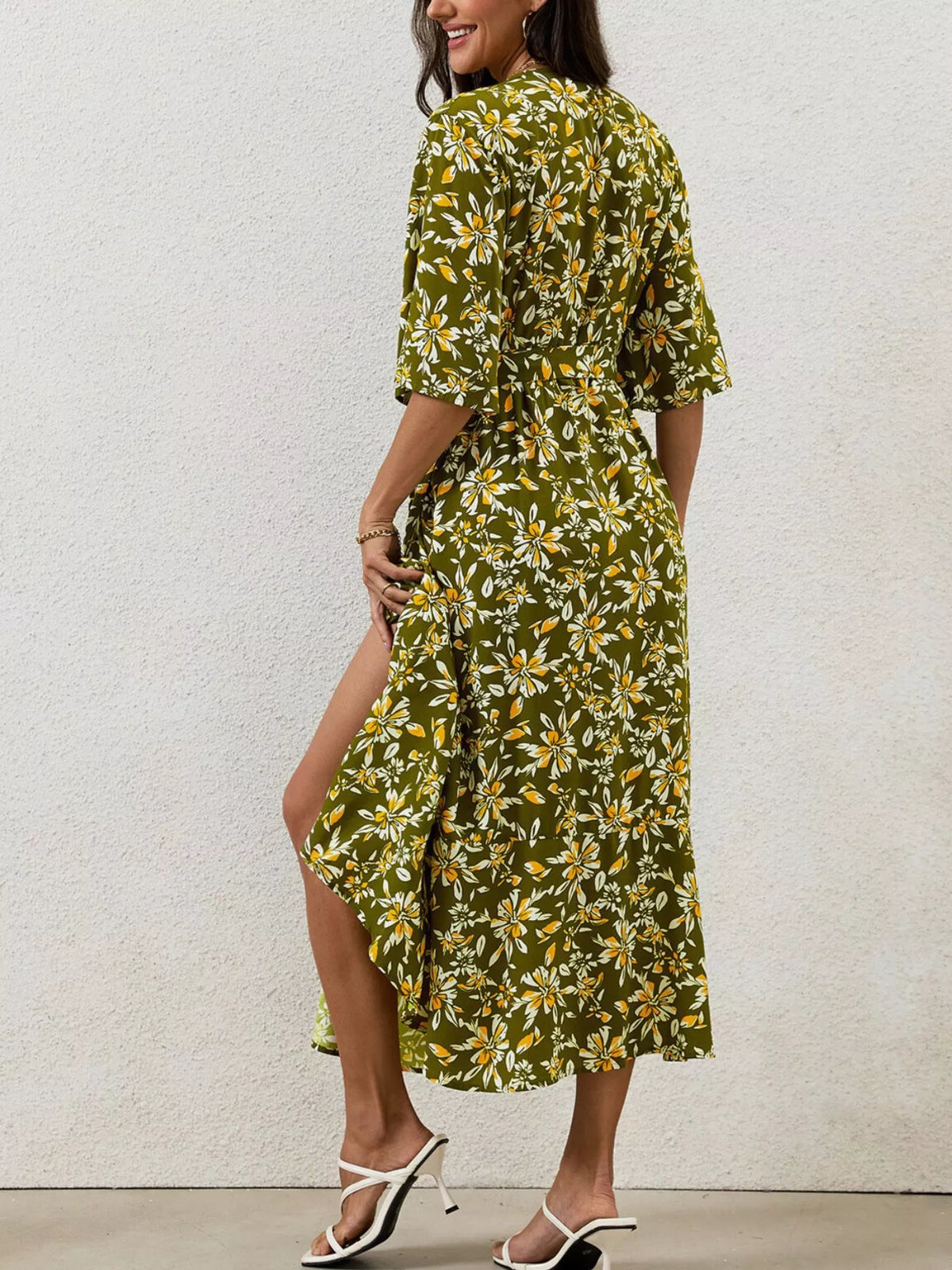 Slit Printed Surplice Midi Dress