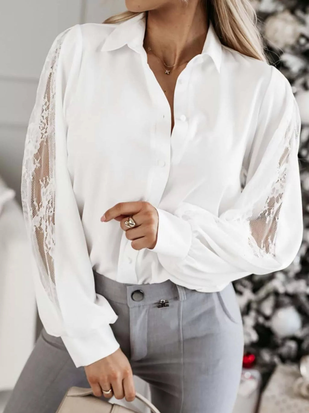 Lace-Sleeve Button Up Shirt