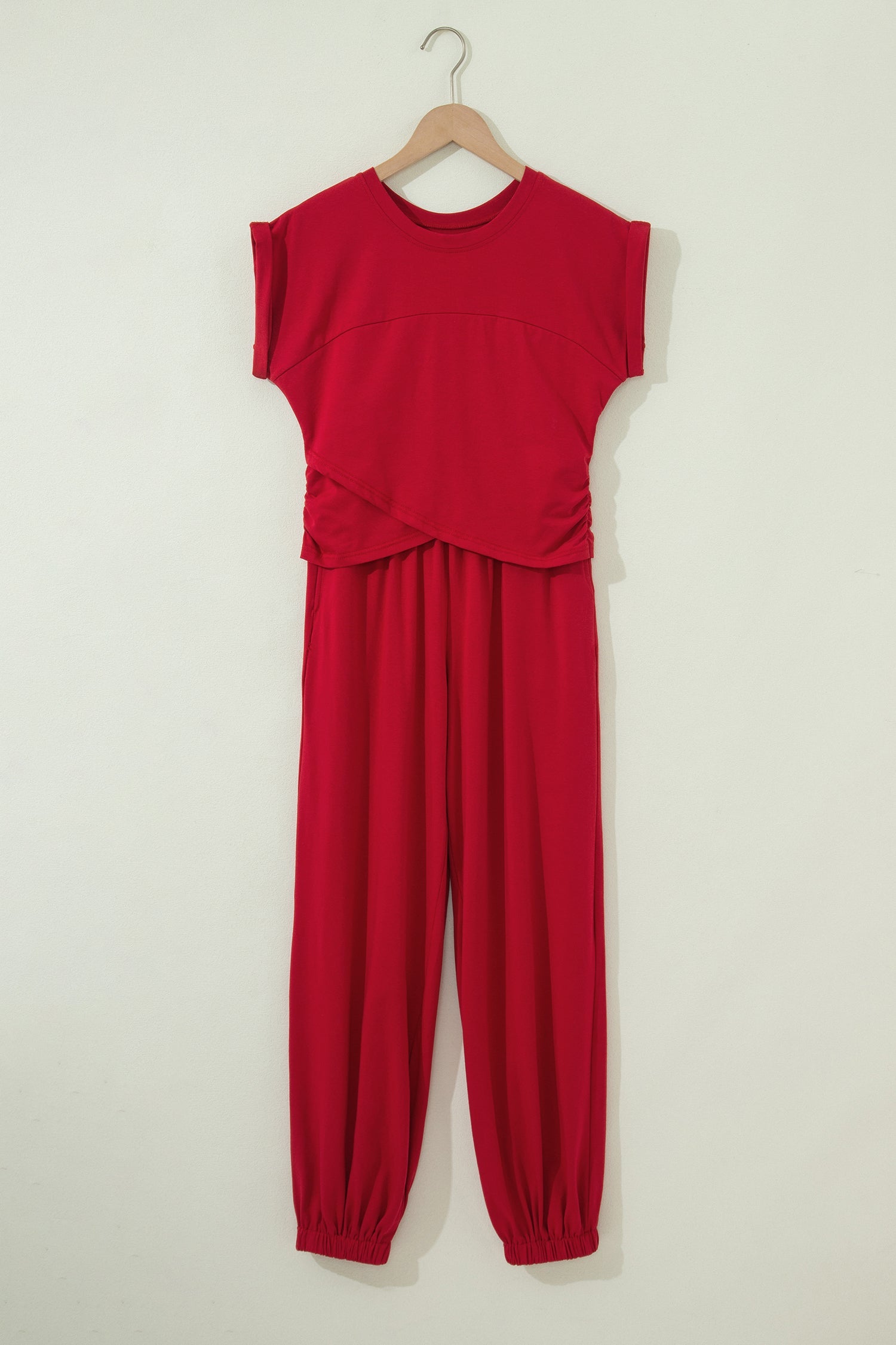 Racing Red Solid Color Cropped Tank Top and Jogger Pants Set
