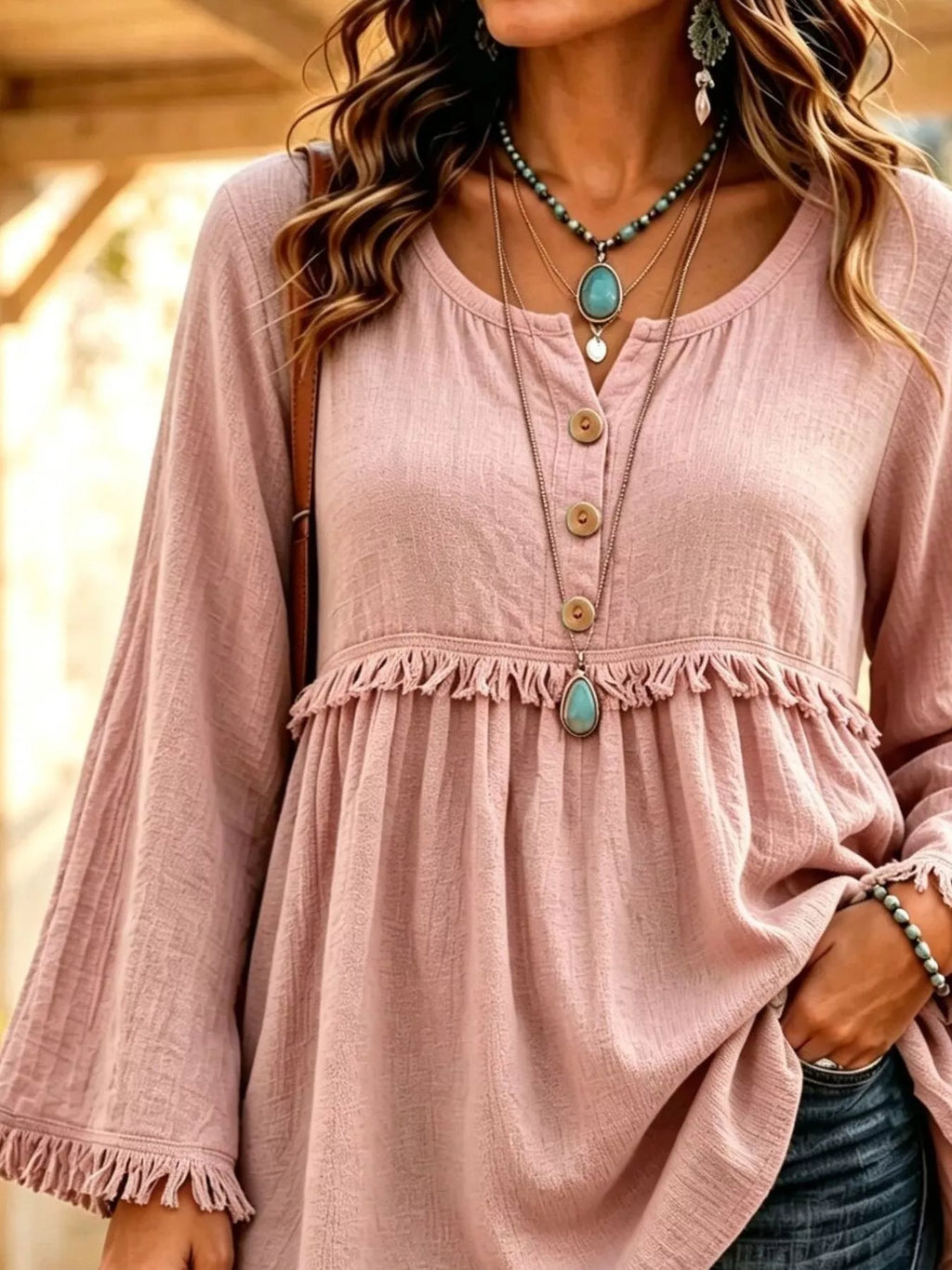 Button-Down Detail Fringed Hem Blouse