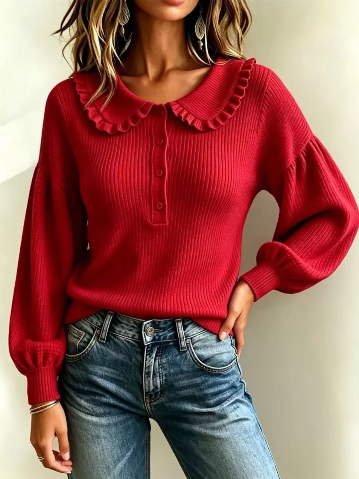 Full Size Ruffle Collar Button Detail Sweater Plus Size