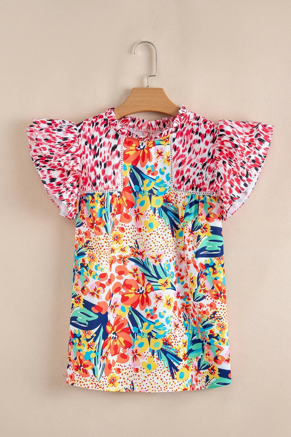Floral Patchwork Ruffle Cap Sleeve Blouse