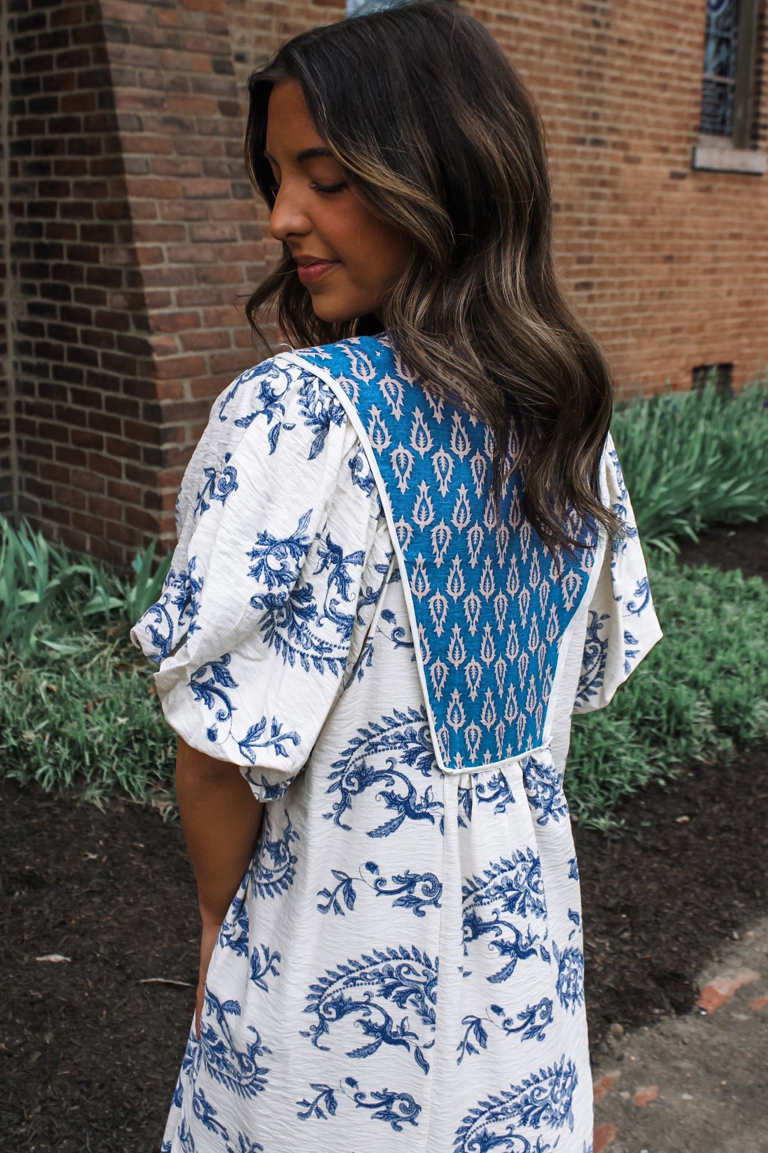 Sky Blue Boho Abstract Print Contrast Trim V Neck Tassel Tie Dress