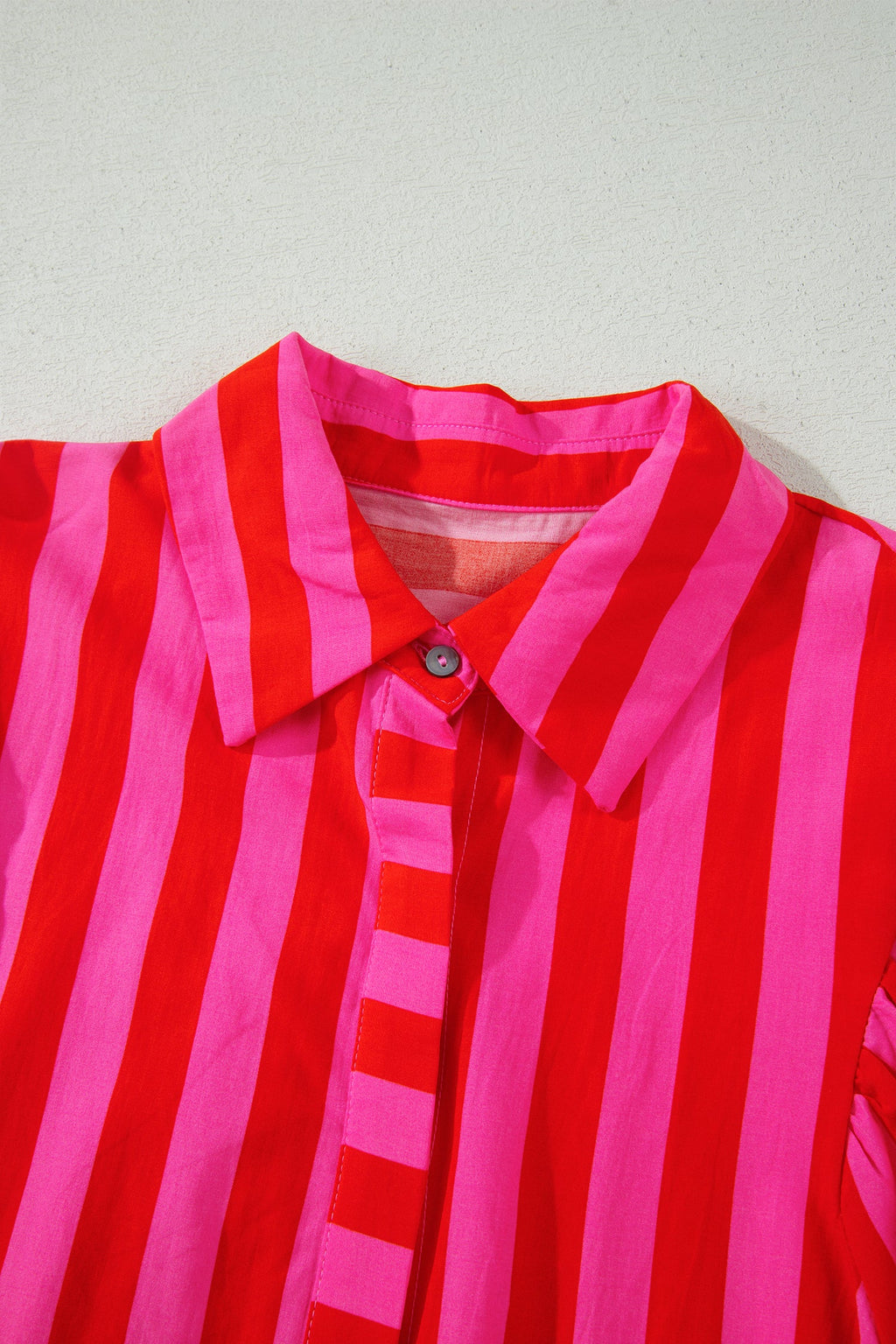 Red Stripe Tie Puff Sleeve Womens Button Down Shirt
