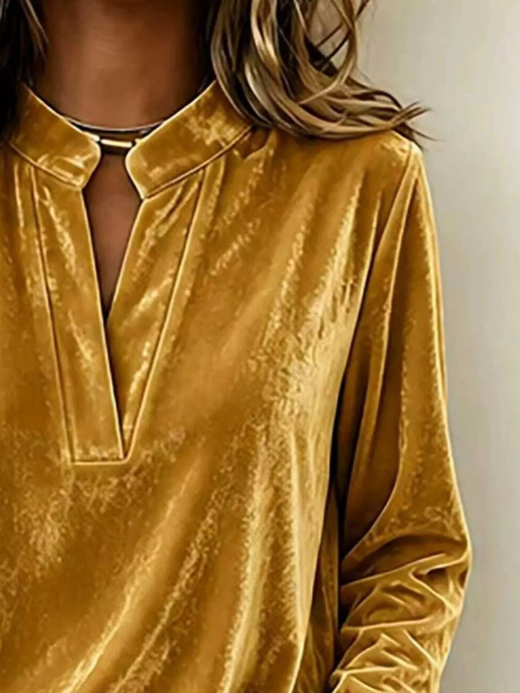 Full Size Velvet Notched Long Sleeve Top Plus Size