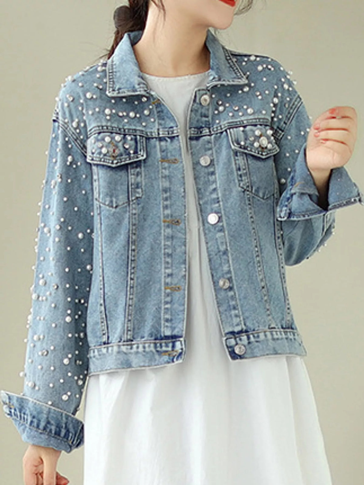 Pearl Detail Button Up Denim Jacket