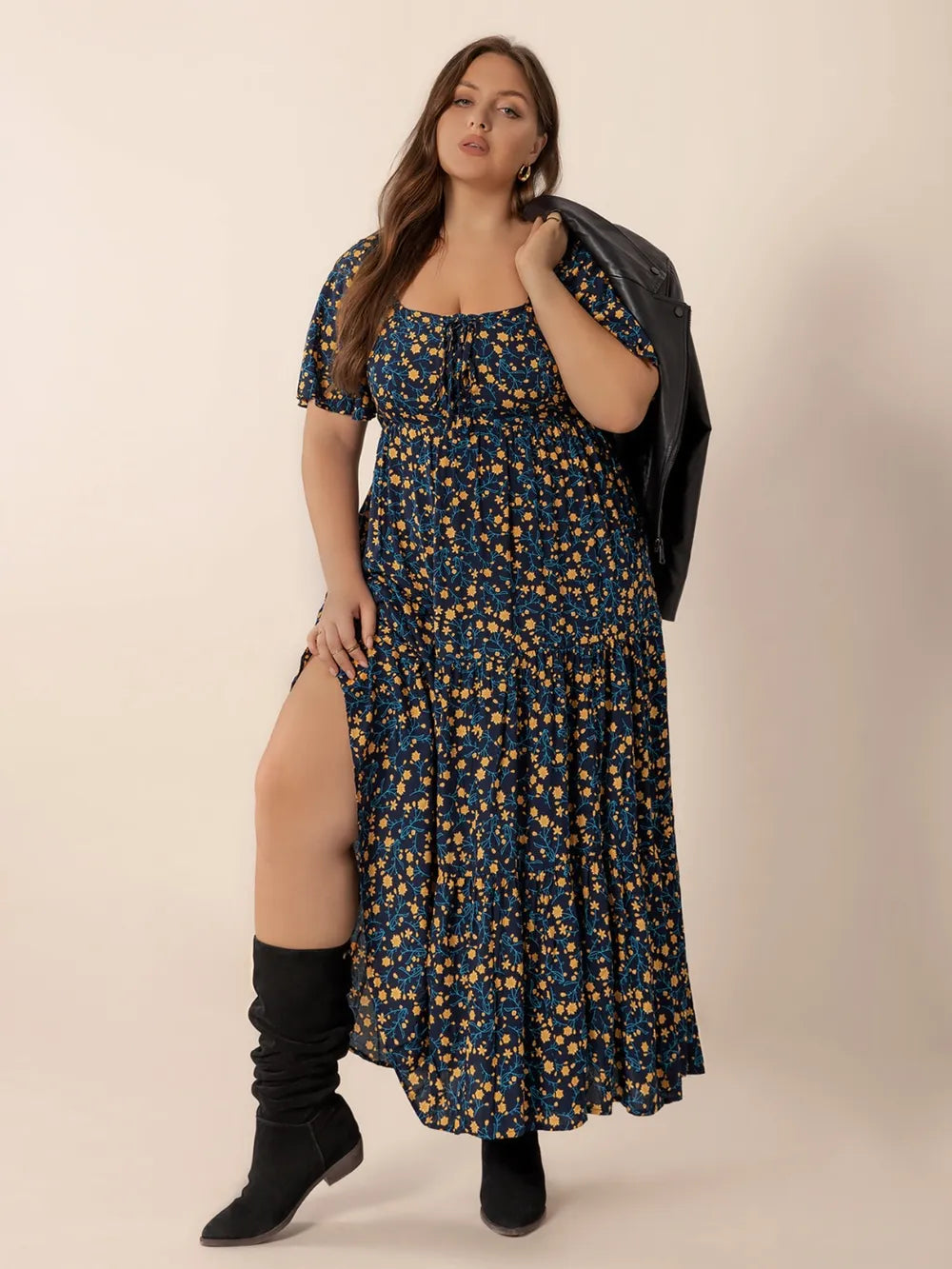Printed Short Sleeve Slit Tiered Maxi Dress