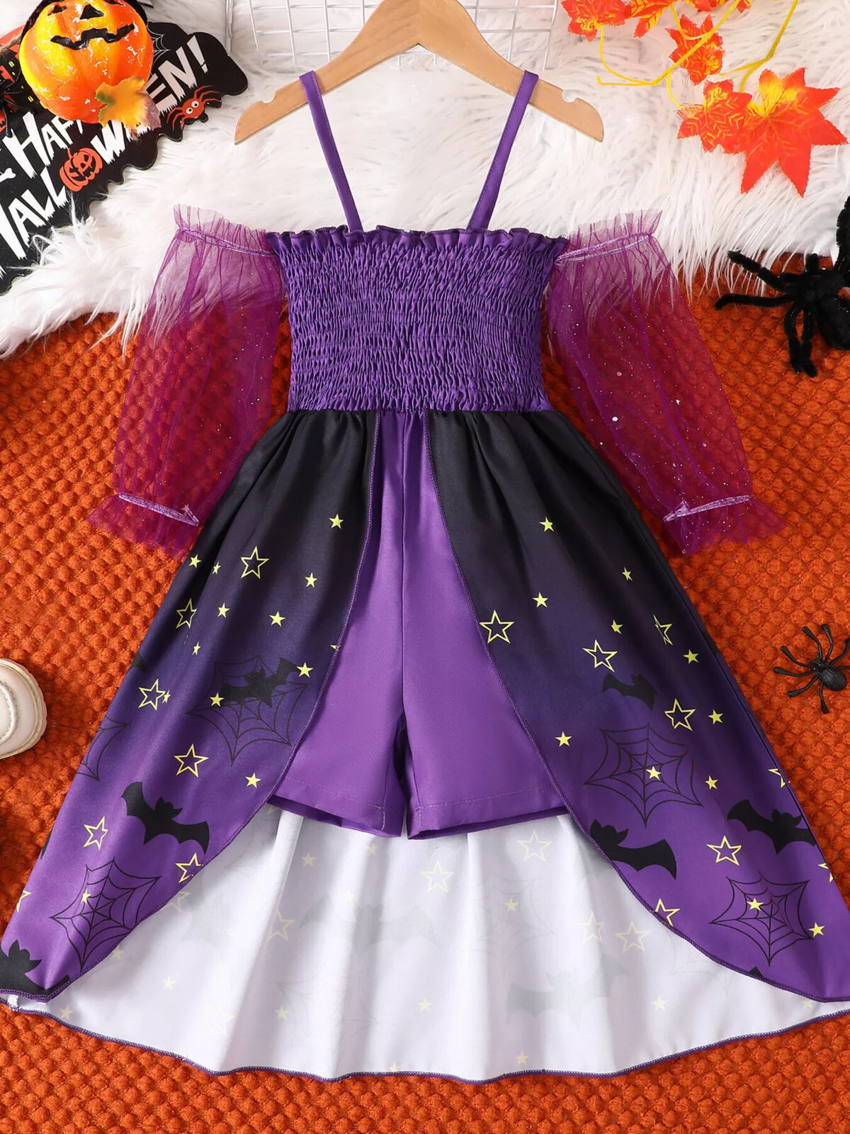Children's Halloween Spaghetti Strap Romper with Tulle Sleeves and Starry Overlay