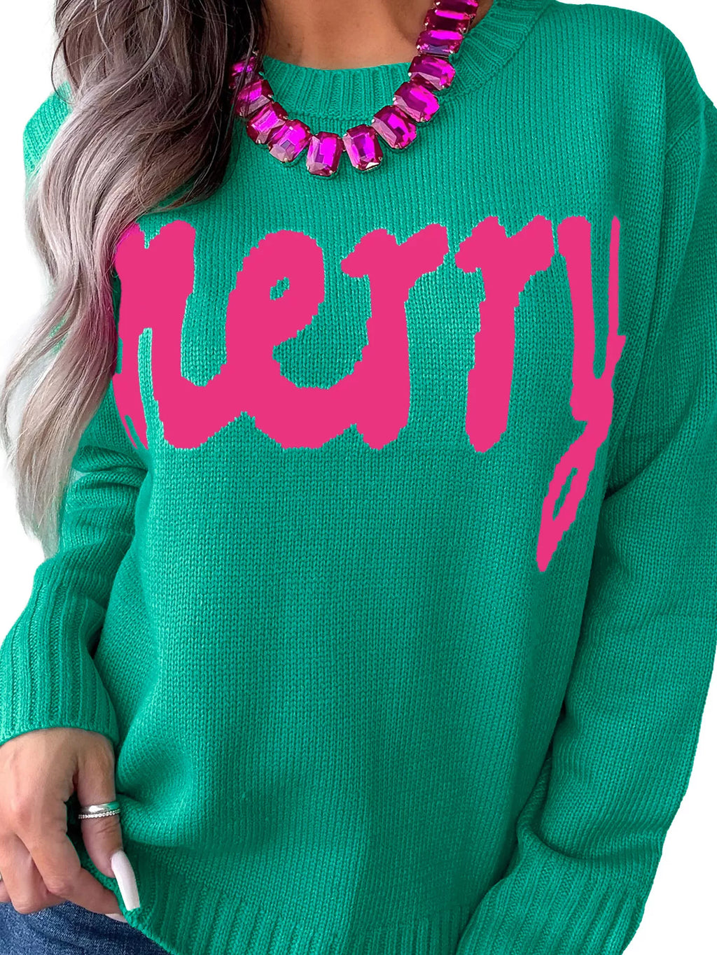 Merry Print Ribbed Trim Round Neck Loose Fit Sweater