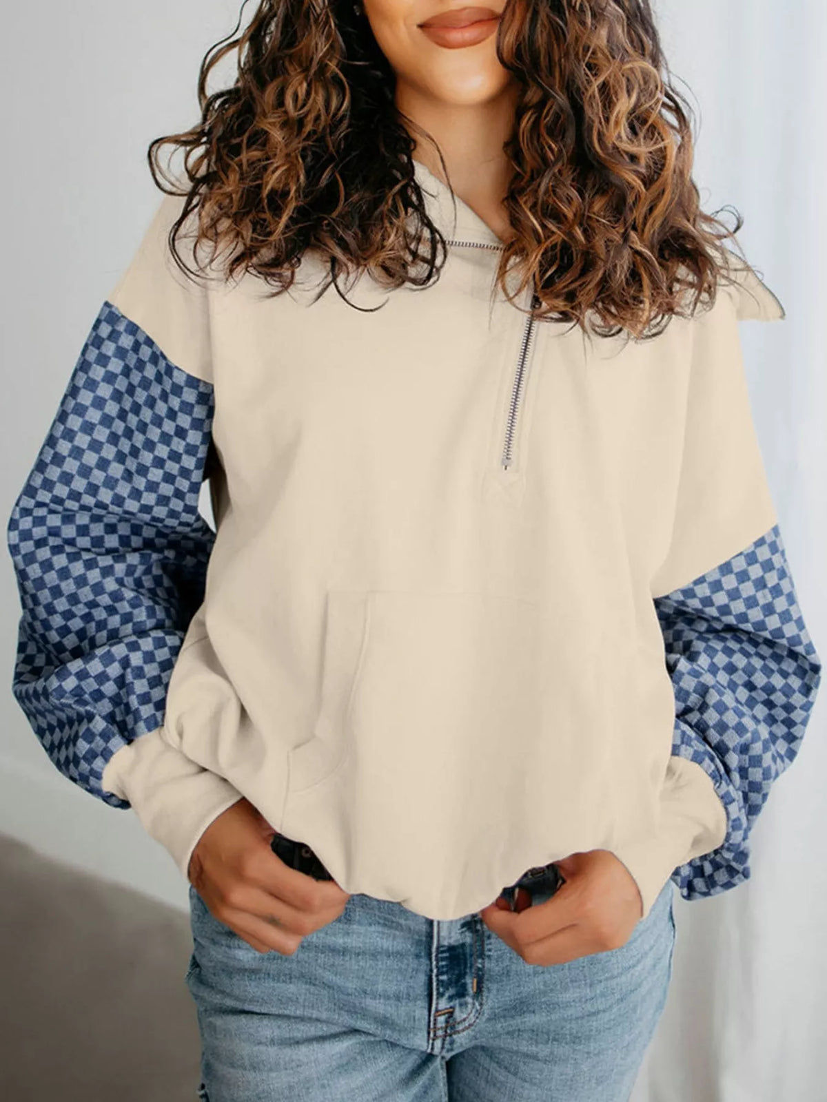 Checkered Color Block Half Zip Sweatshirt – Beige