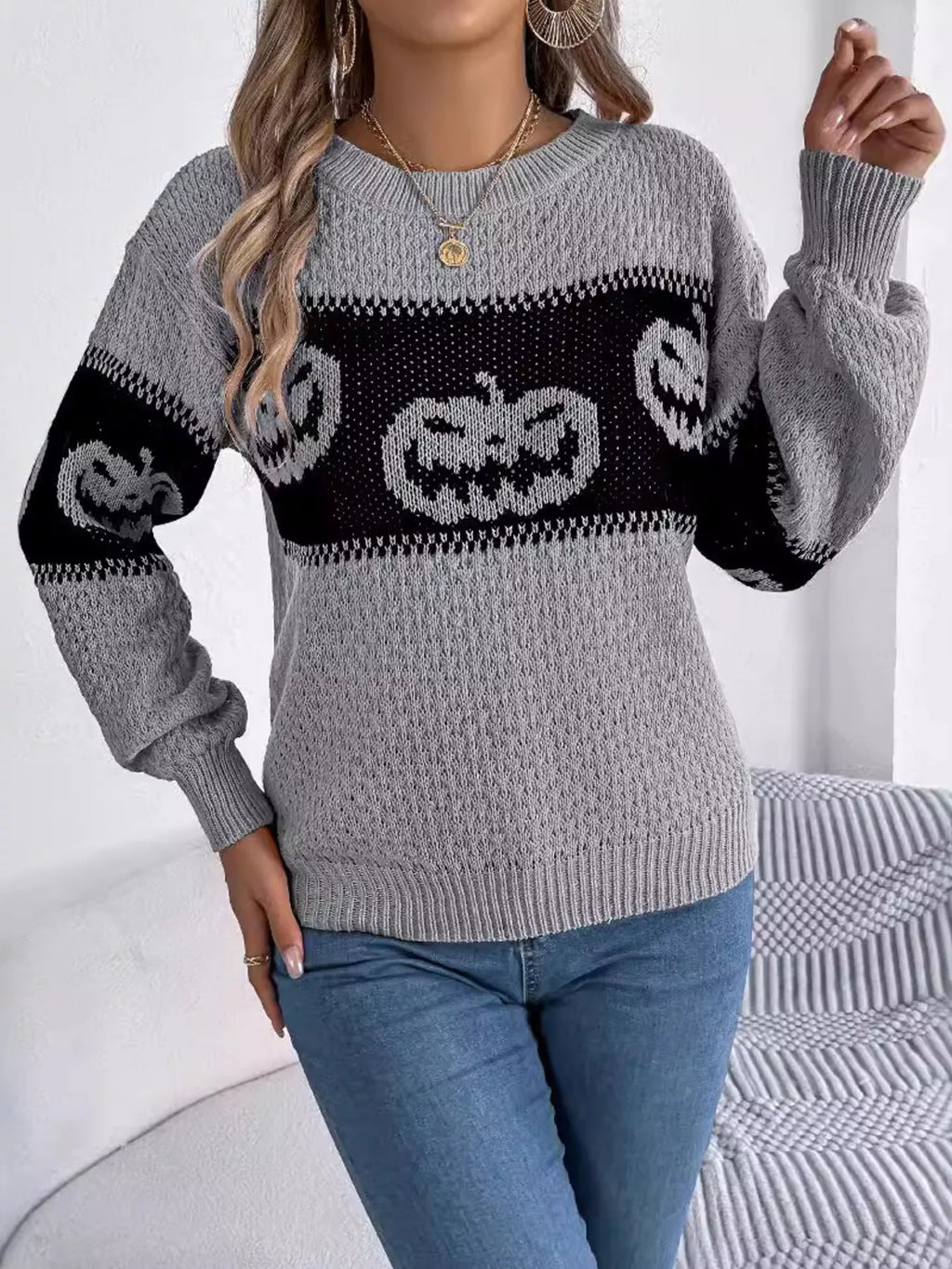 Halloween Pumpkin Pattern Round Neck Sweater