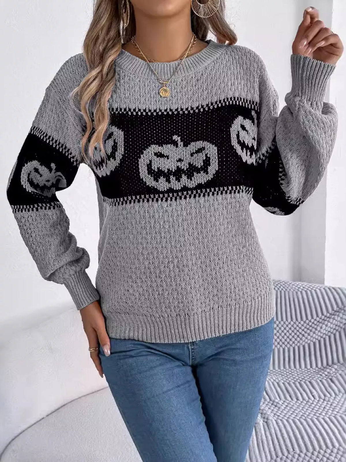 Halloween Pumpkin Pattern Round Neck Sweater