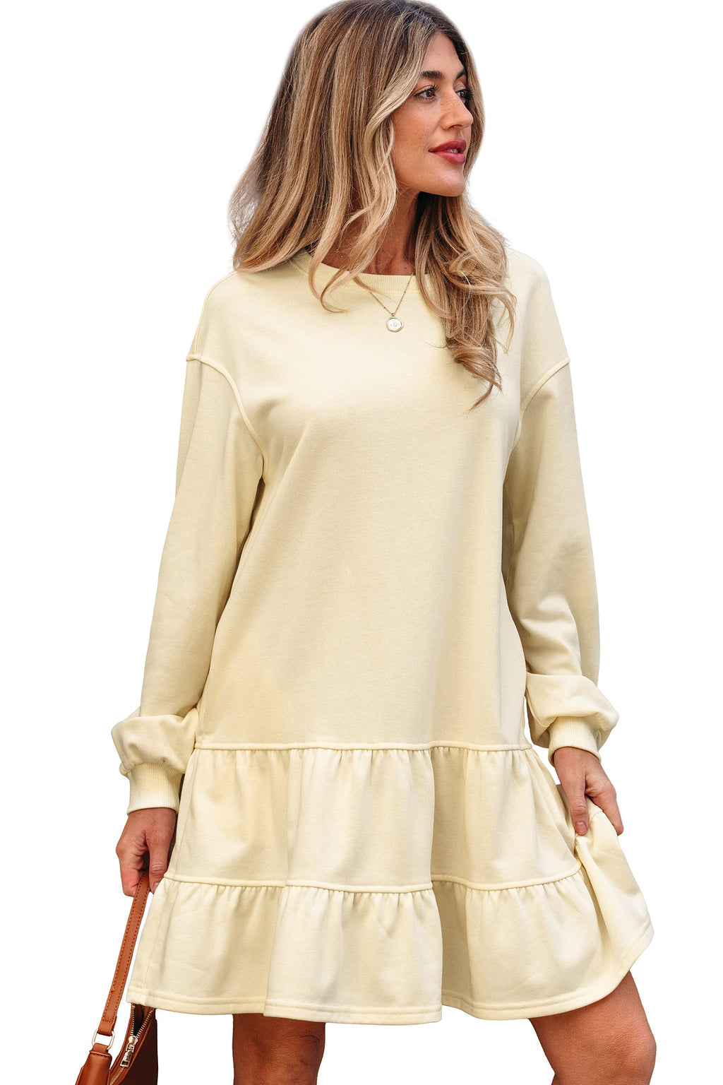 Solid Tiered Ruffle Hem Long Sleeve Dress