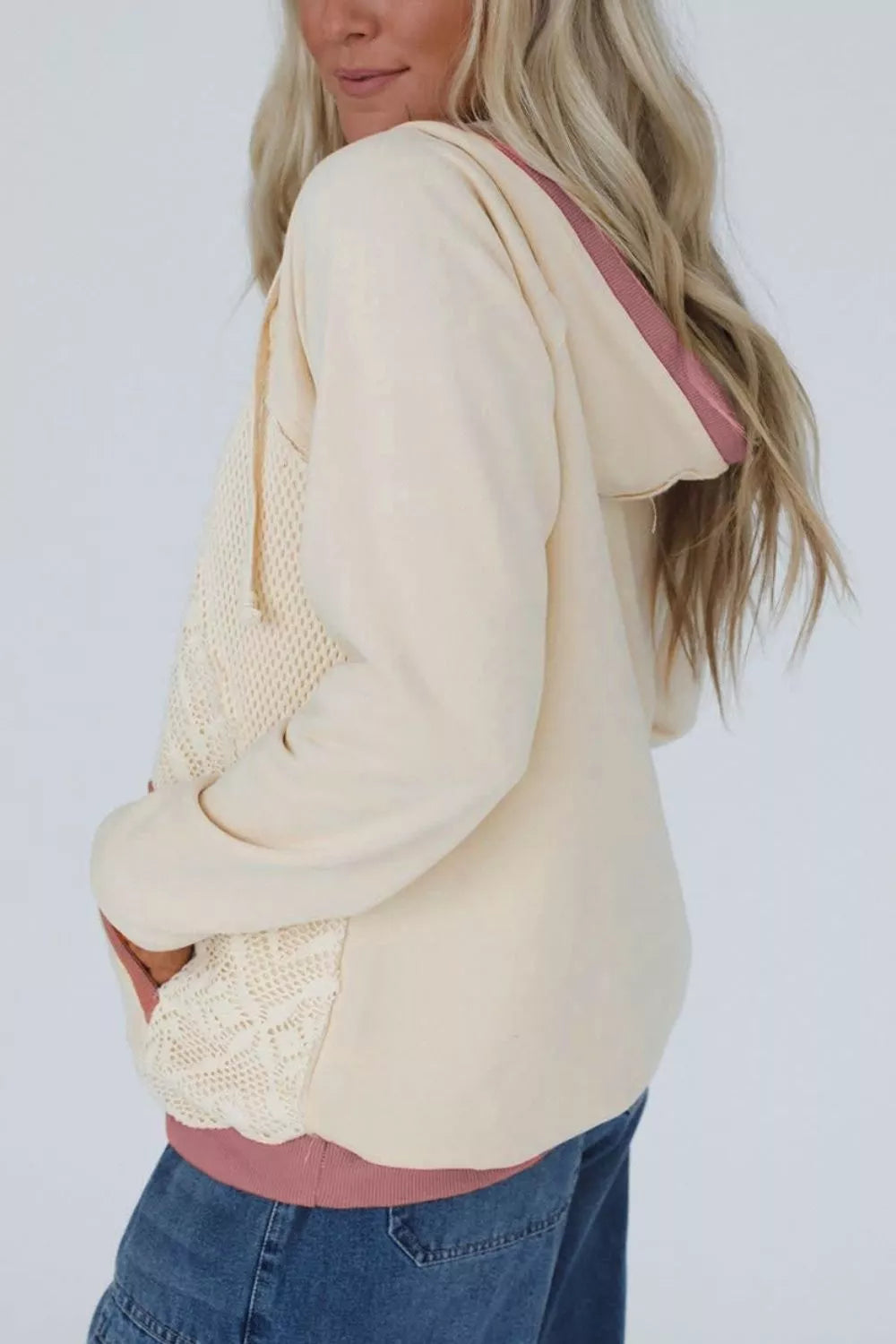Crochet Knit Contrast Trim Hoodie