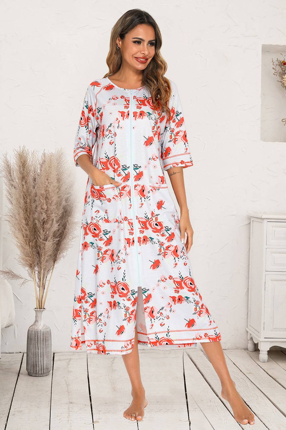 Printed Slit Midi Night Dress with Pockets