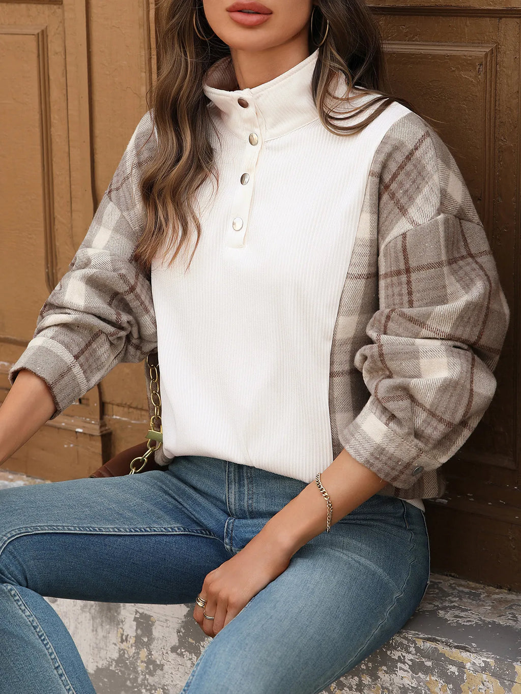 Snap-Down Plaid Long Sleeve Brushed Knit Top