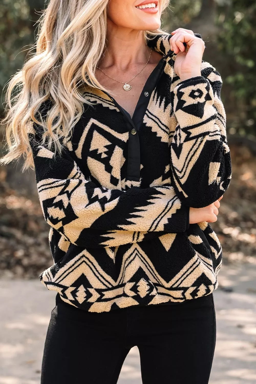 Aztec Print Fleece Snap Down Sweatshirt