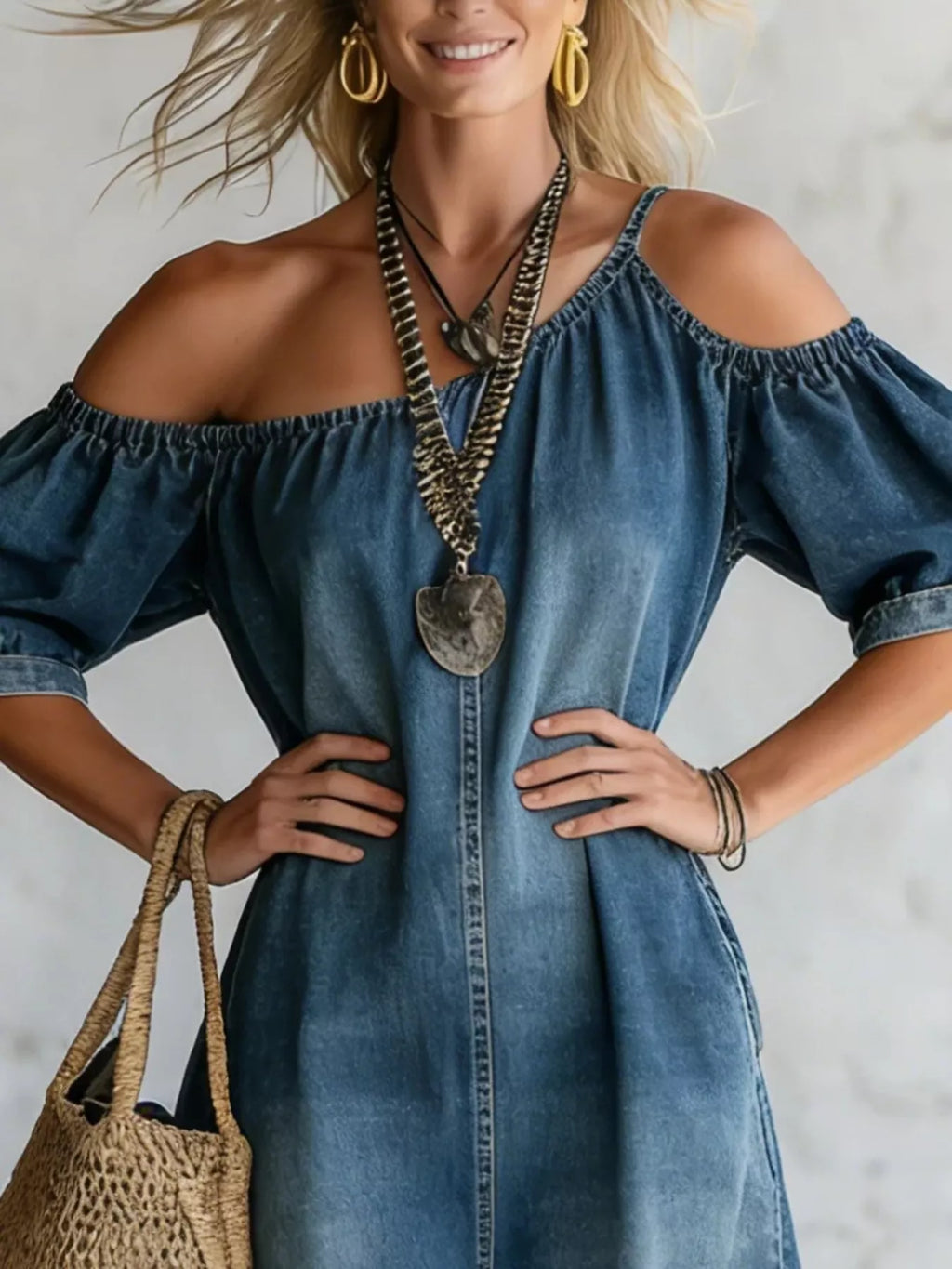 Asymmetrical Neck Denim Maxi Dress with Pockets