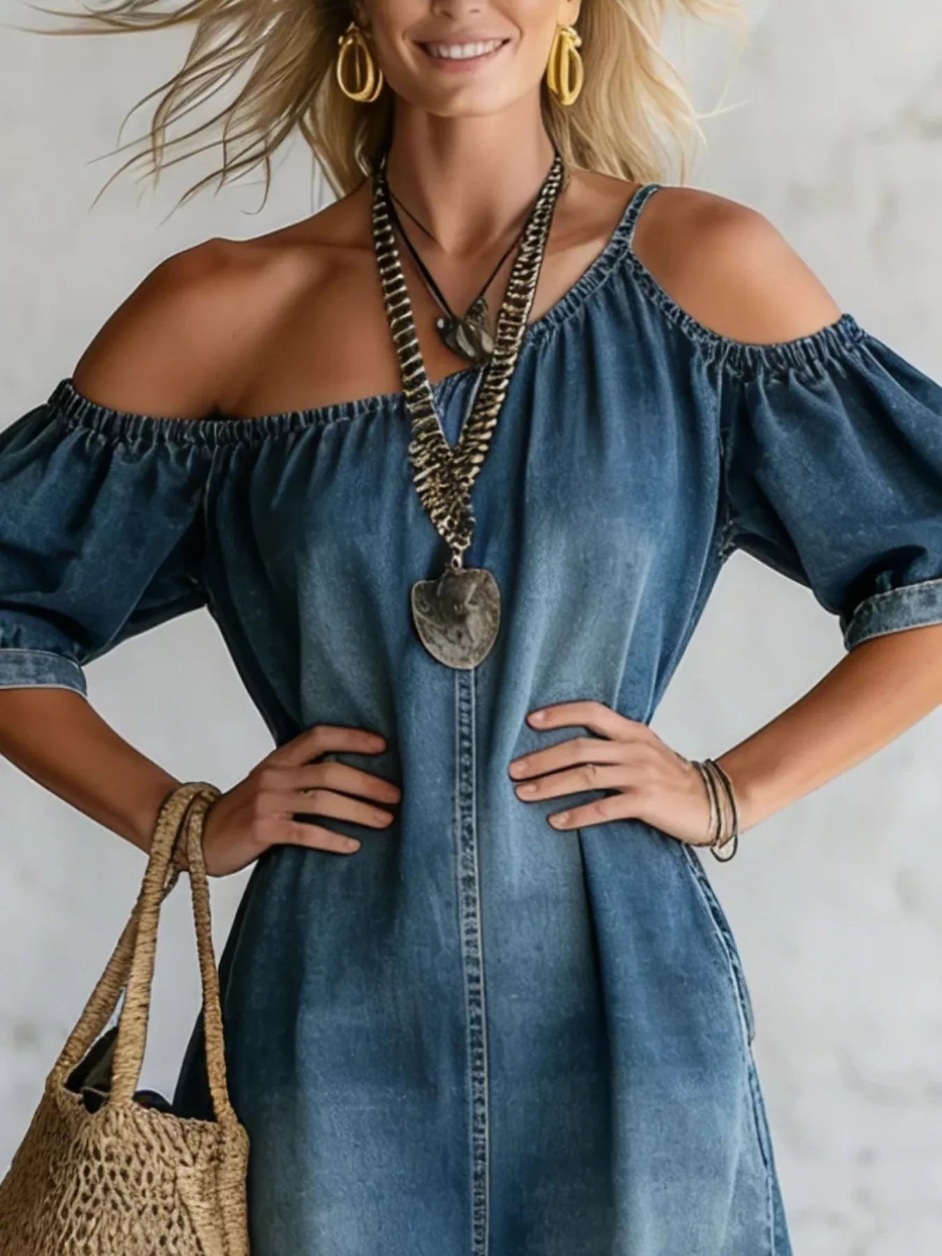 Asymmetrical Neck Denim Maxi Dress with Pockets