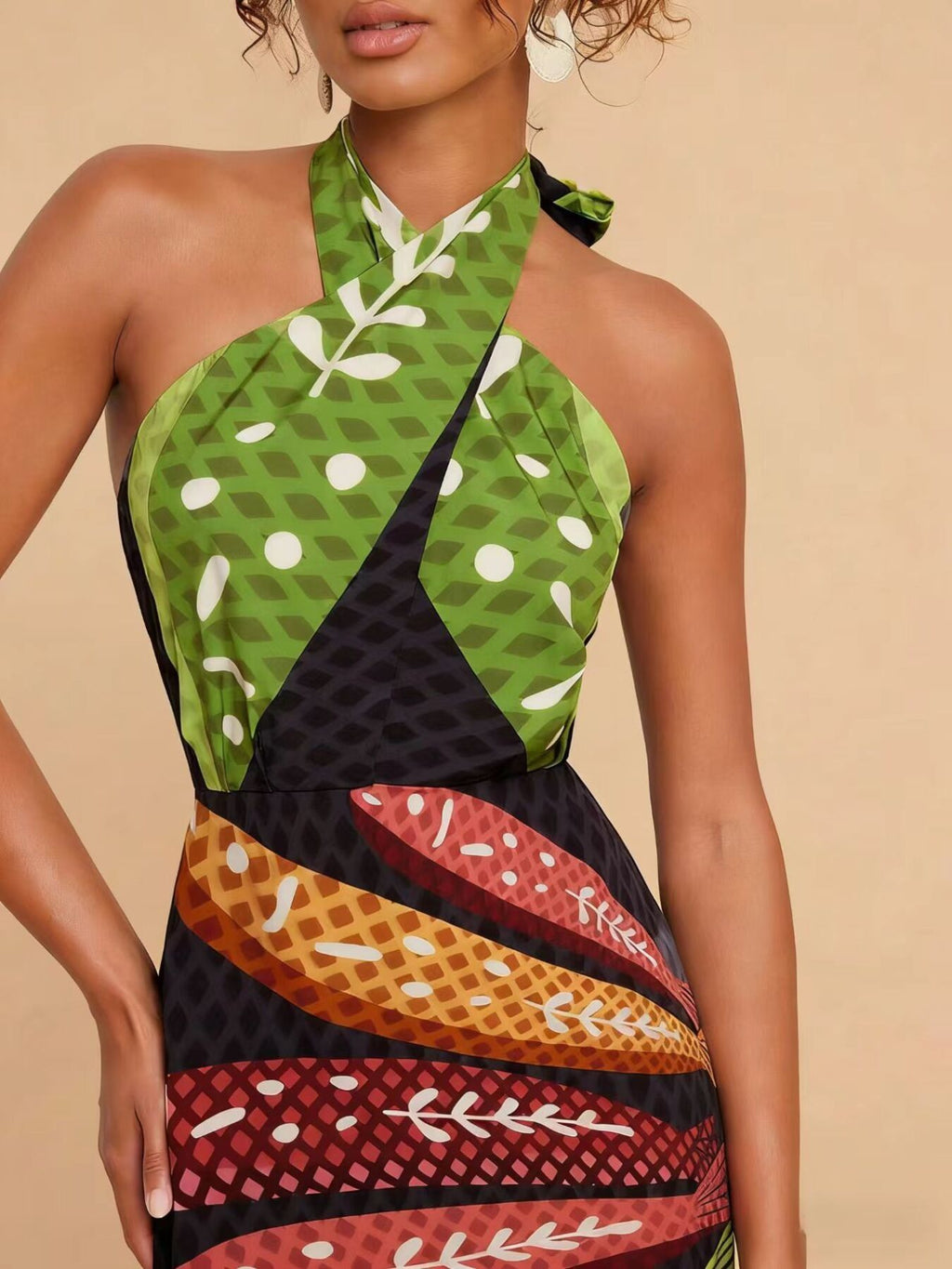 Tropical Print Halter Neck Midi Dress