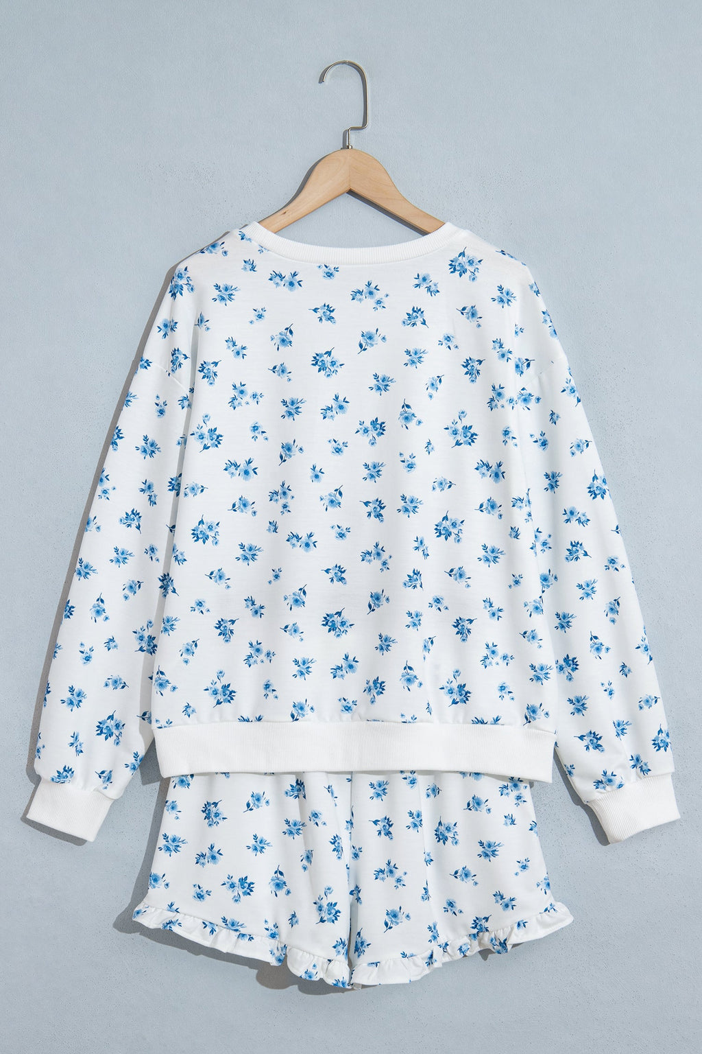 Sky Blue Floral Print Long Sleeve Top Elastic Waist Ruffle Hem Shorts 2pcs Set