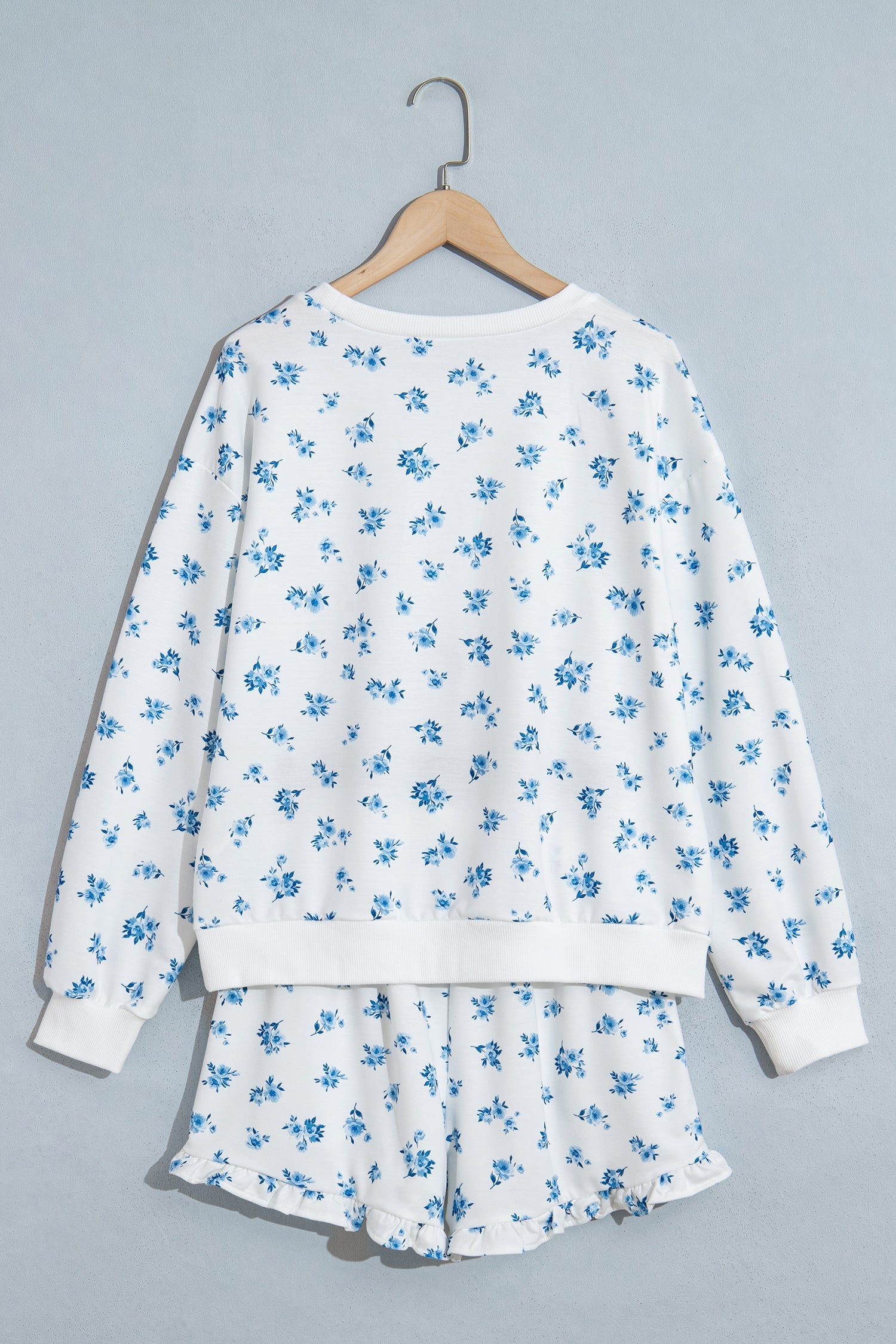 Sky Blue Floral Print Long Sleeve Top Elastic Waist Ruffle Hem Shorts 2pcs Set