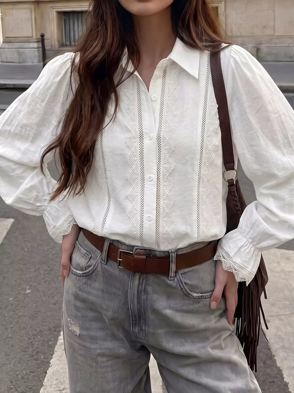 Lace-Trimmed Button-Down Shirt