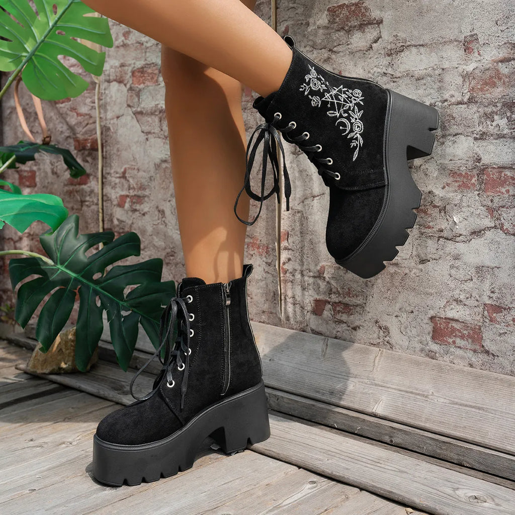 Floral Embroidered Platform Combat Boots