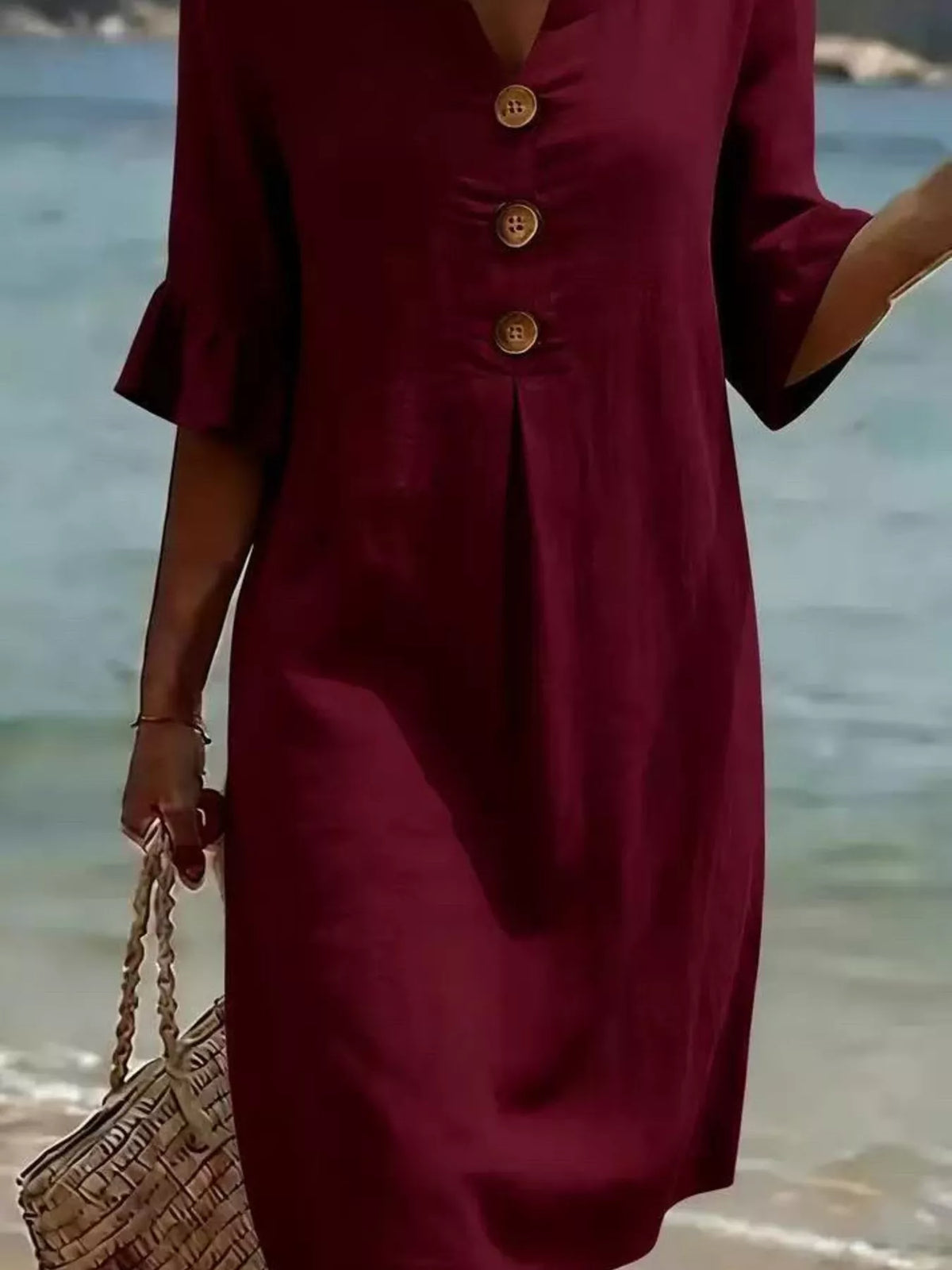 Full Size Decorative Button Ruffle Half Sleeve Dress Plus Size