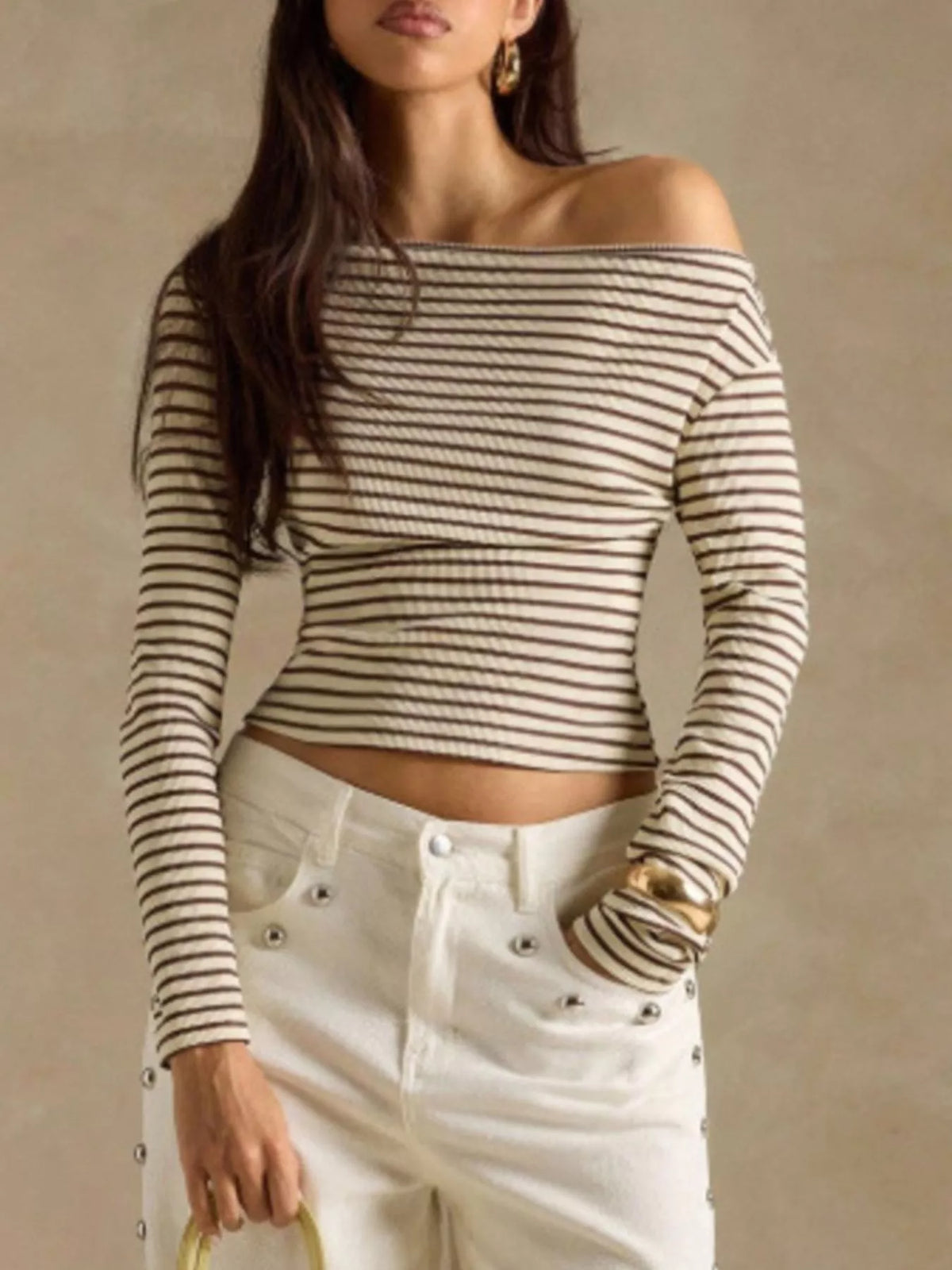 Off-Shoulder Striped Ribbed Long Sleeve T-Shirt