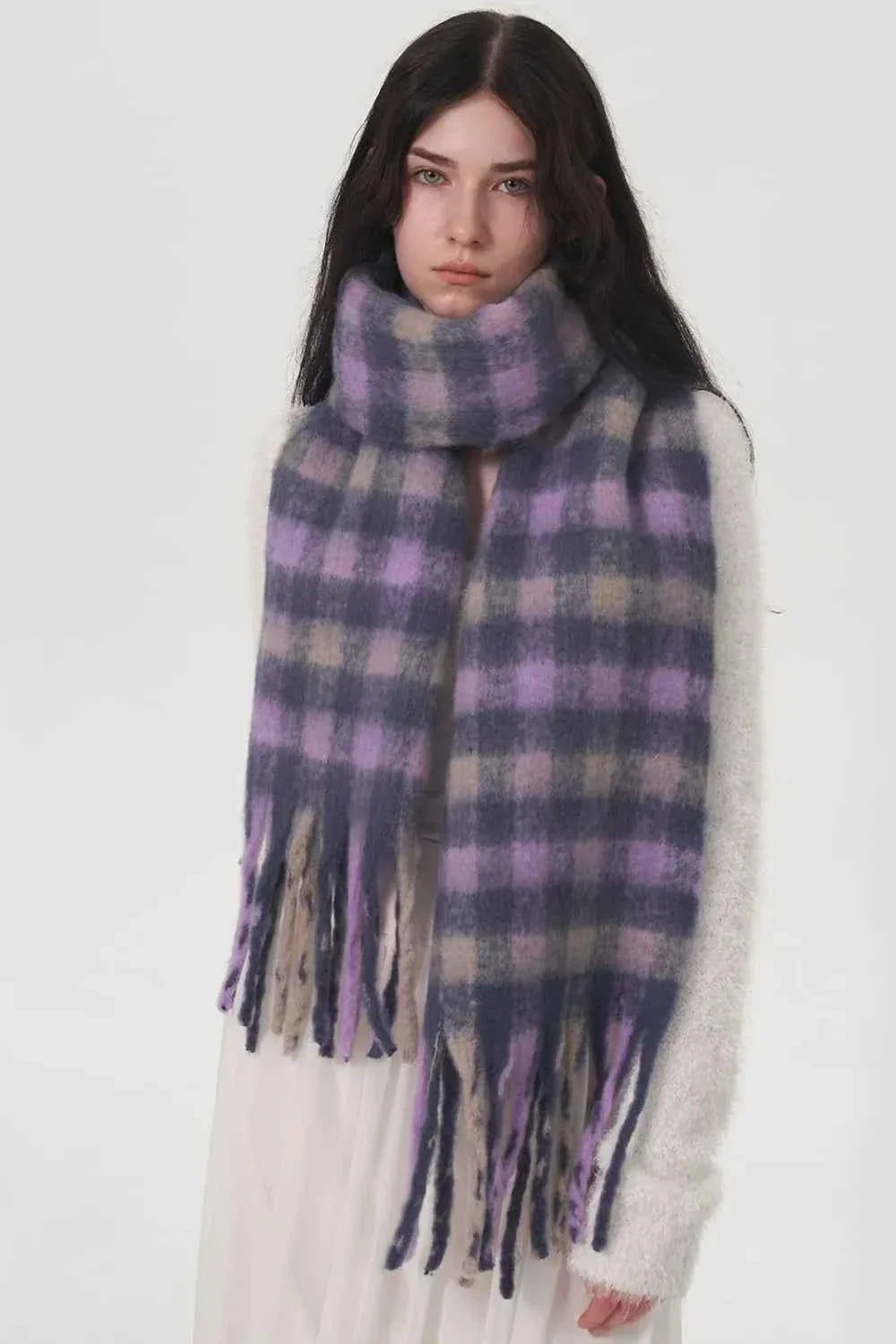 Lilac Fringed Plaid Polyester Scarf