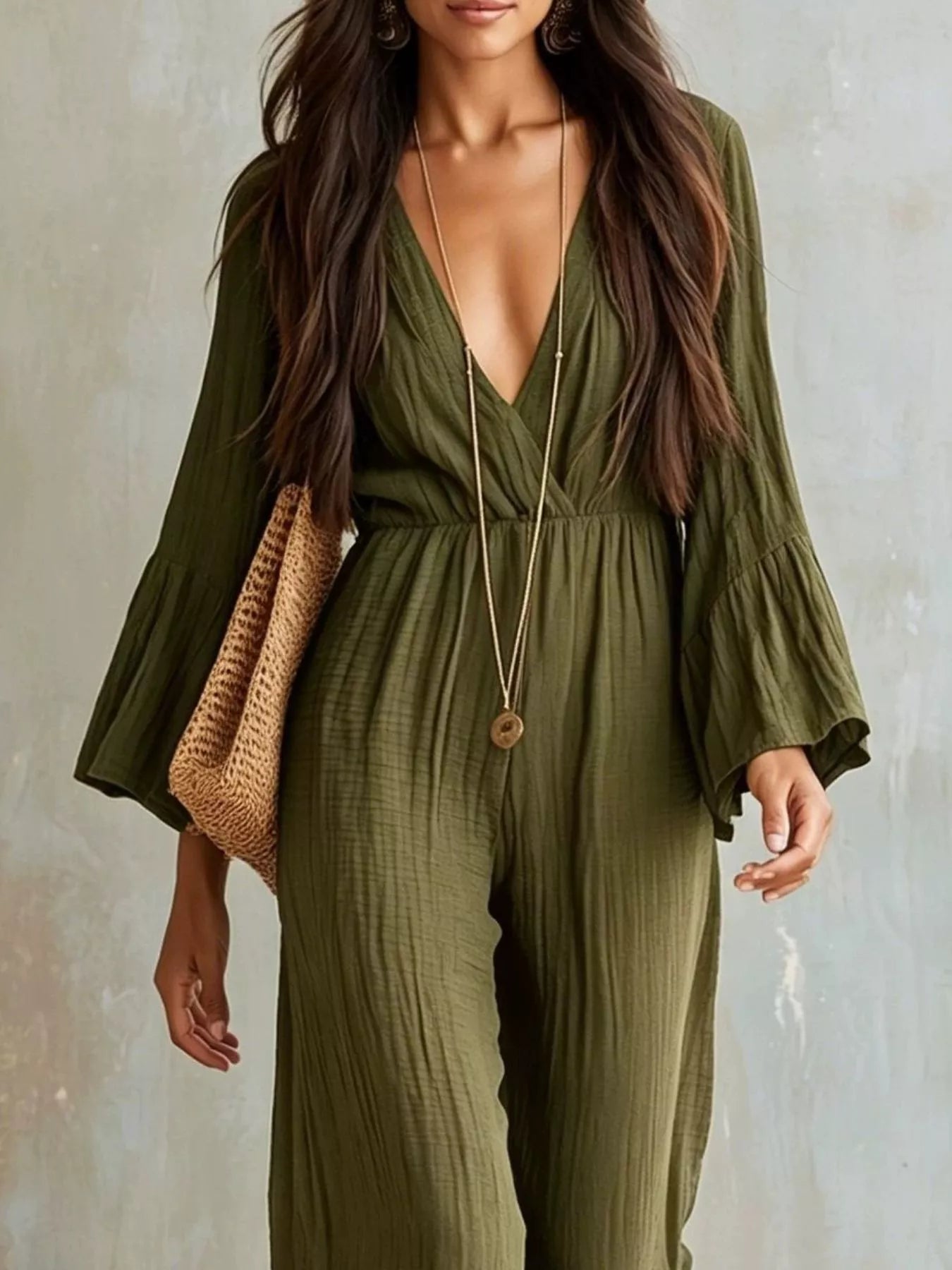 Textured Flare Sleeve Jumpsuit