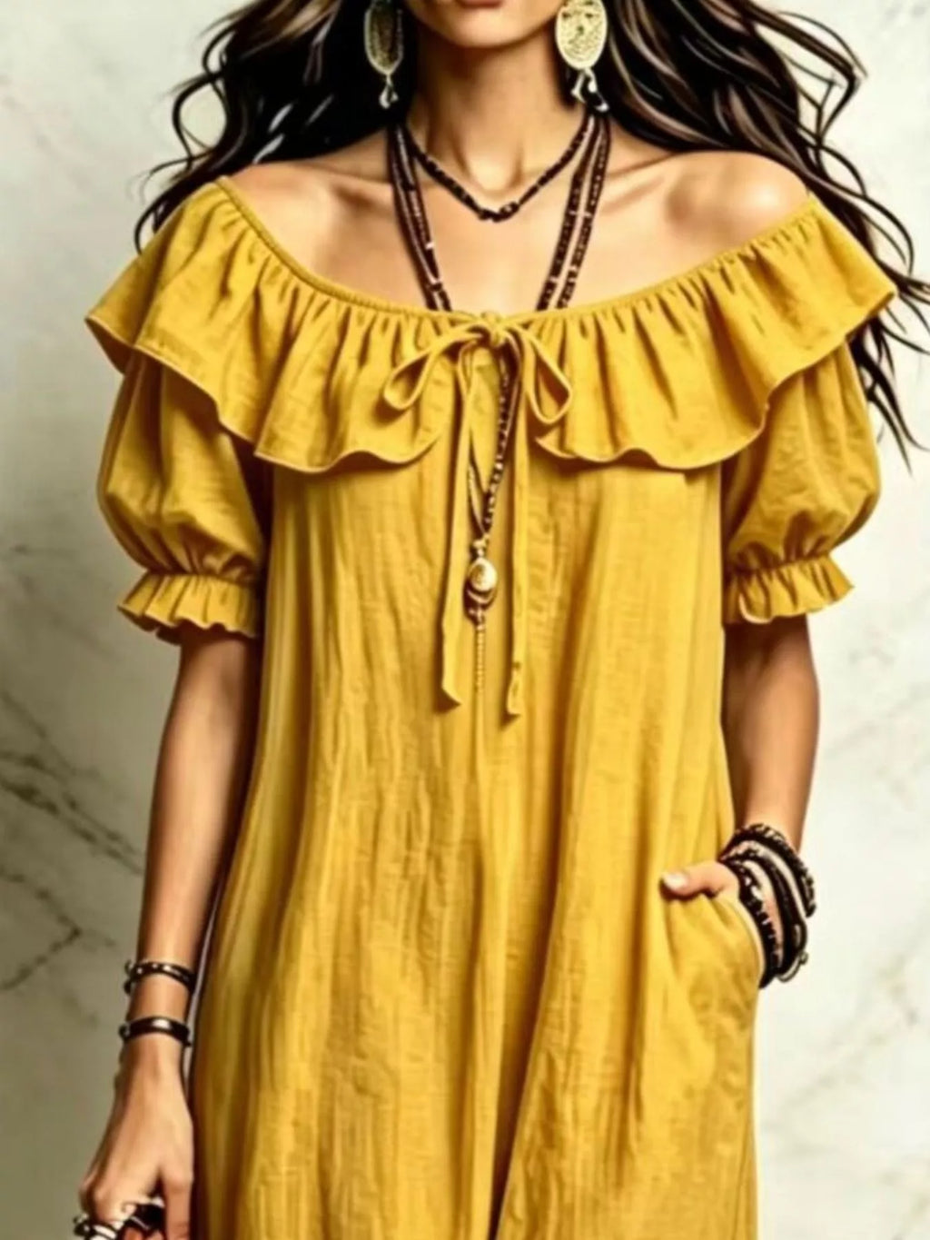 Ruffle Trim Puff Sleeve Maxi Dress