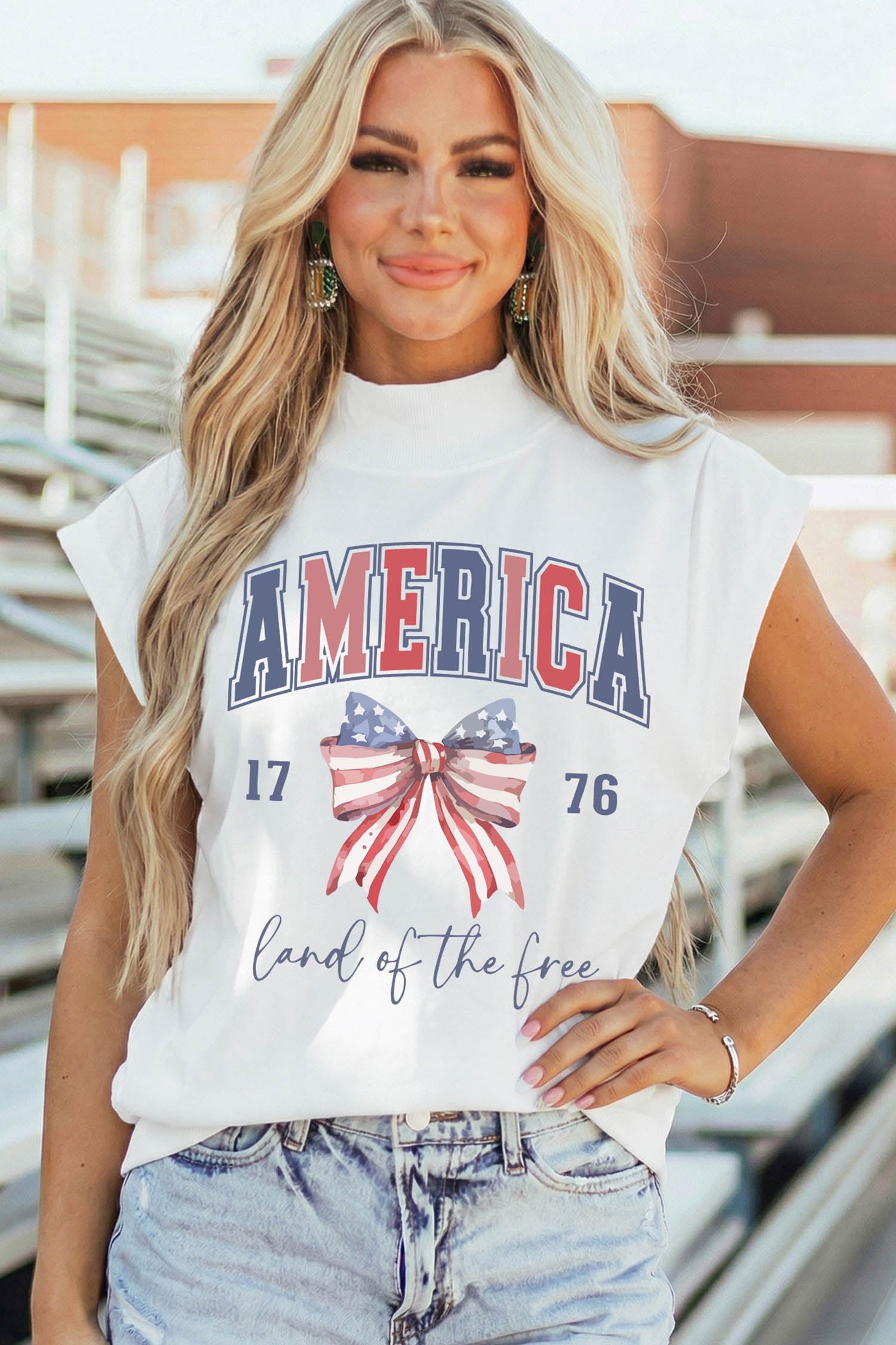 White Patriotic Slogan America Flag Print Mock Neck Tee