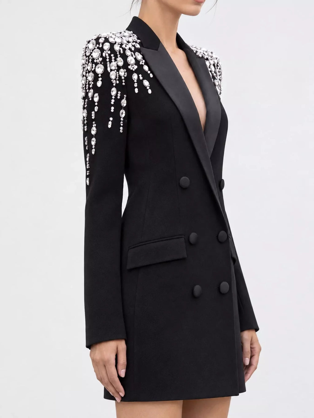 Full Size Rhinestone Shoulder Double-Breasted Blazer Plus Size