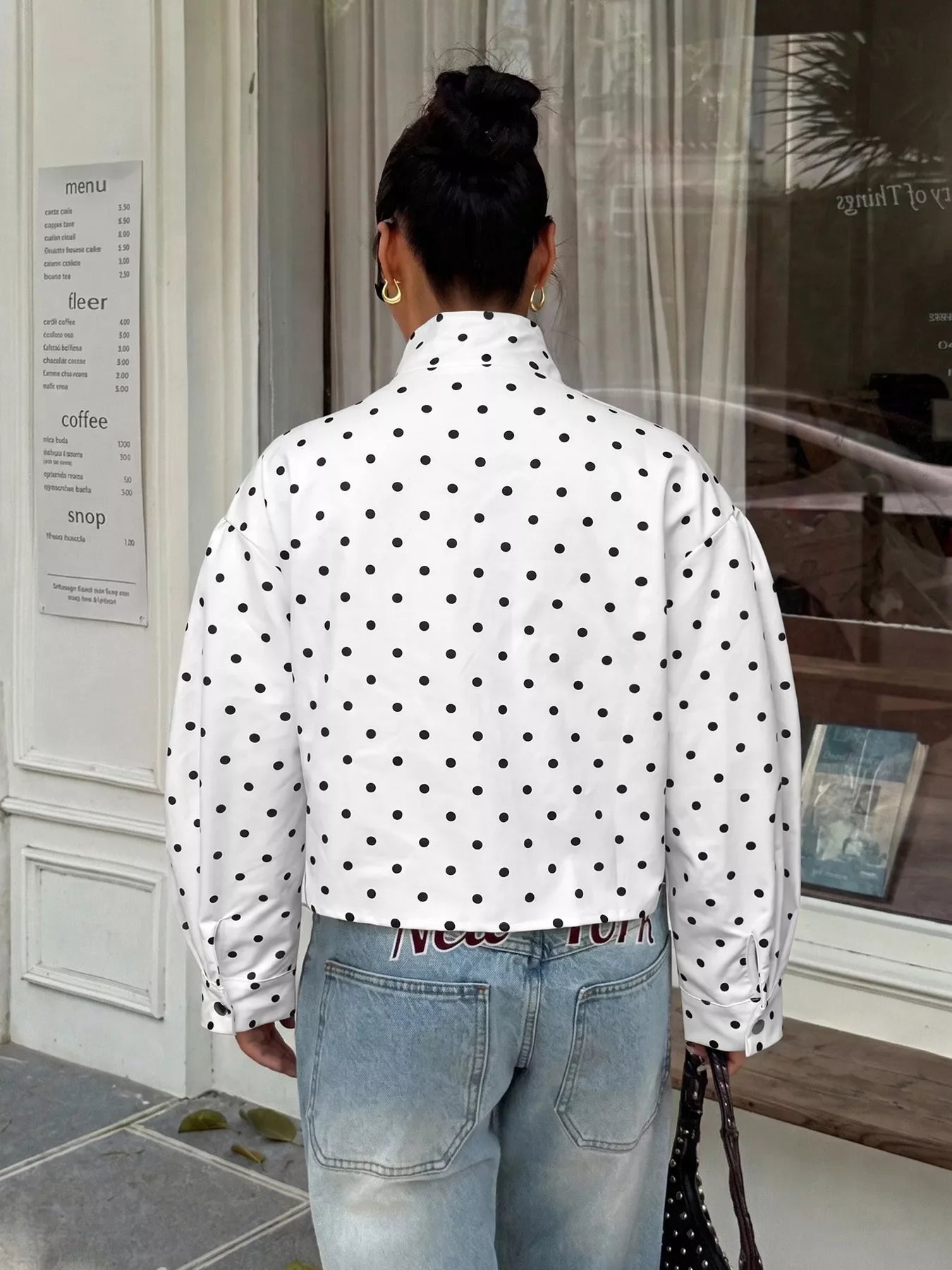 Polka Dot Zip Up Cropped Jacket