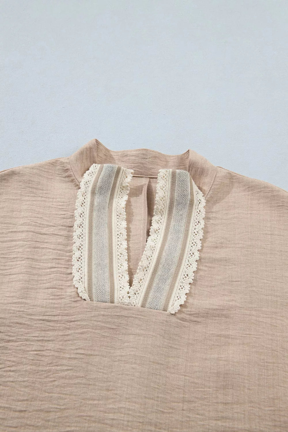 Crochet Lace Accent Pullover Rolled Short Sleeve Blouse