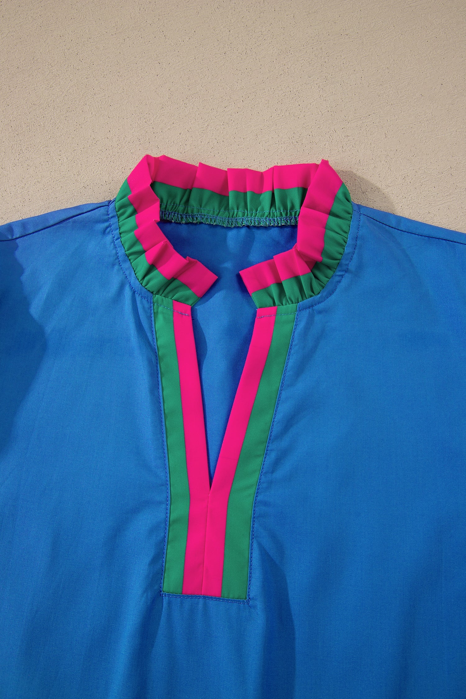 Sky Blue Striped Frilled Collar Ruffled Short Sleeve Blouse