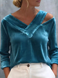 Full Size Velvet Cold-Shoulder V-Neck Blouse Plus Size