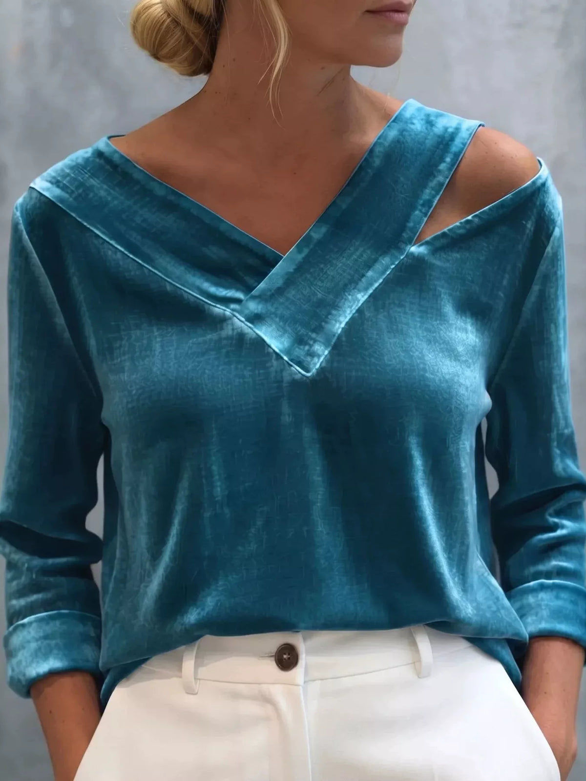 Full Size Velvet Cold-Shoulder V-Neck Blouse Plus Size