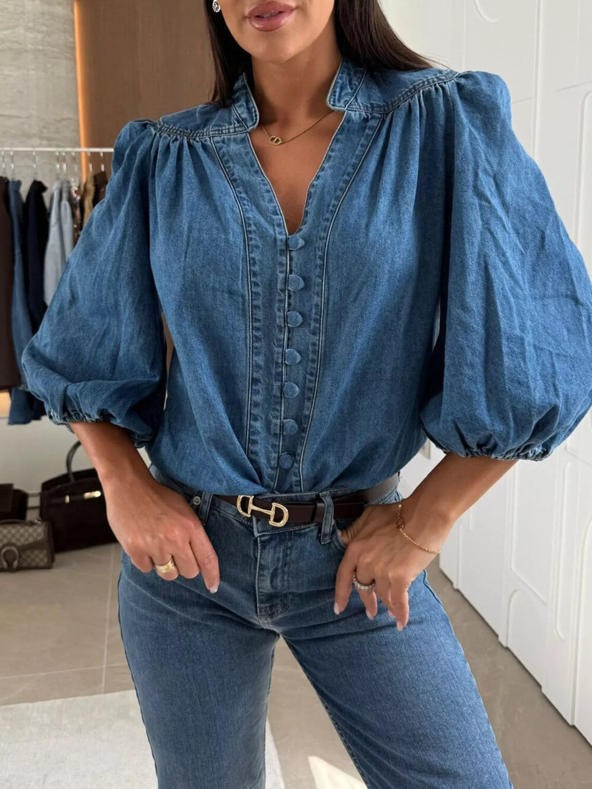 Button-Down Puff Sleeve Denim Top