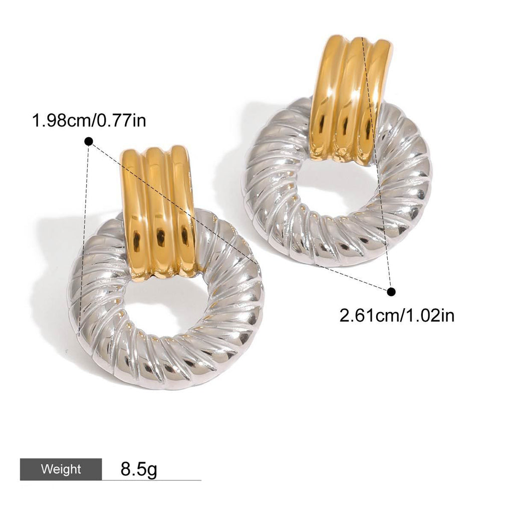 18K gold hollow round with gold and silver color matching design simple personality earrings