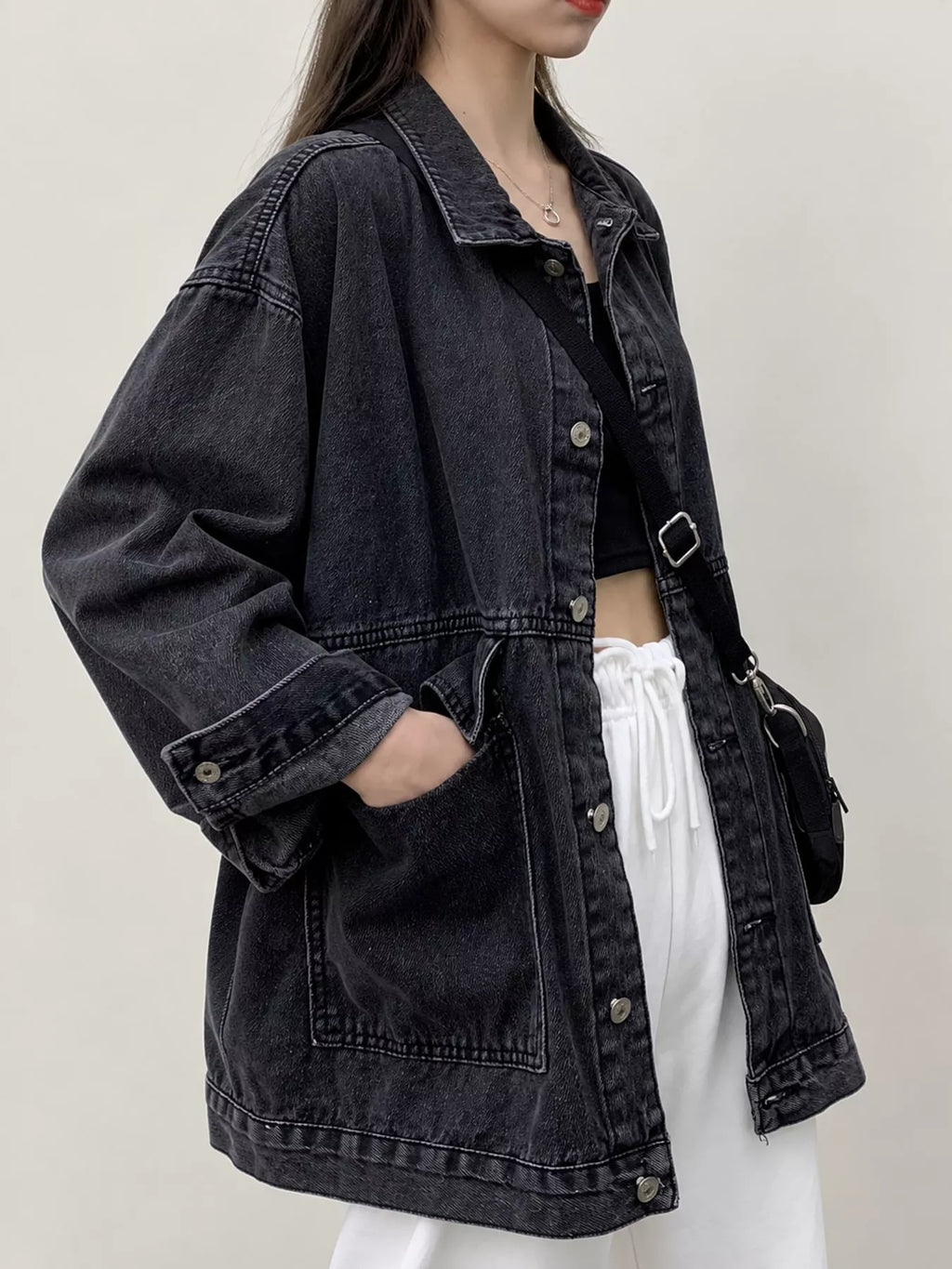 Oversized Wash Denim Jacket with Utility Pockets
