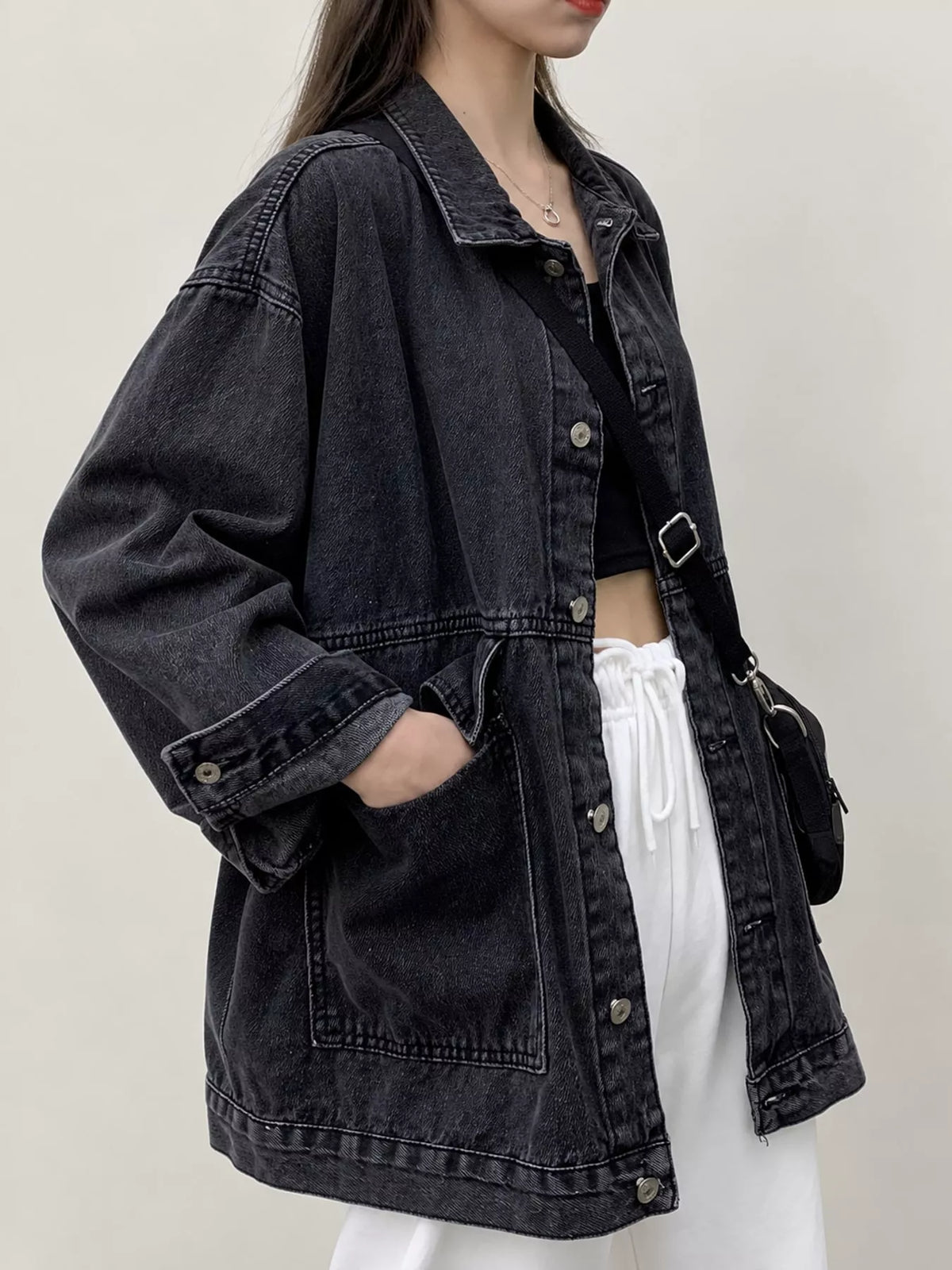 Oversized Wash Denim Jacket with Utility Pockets