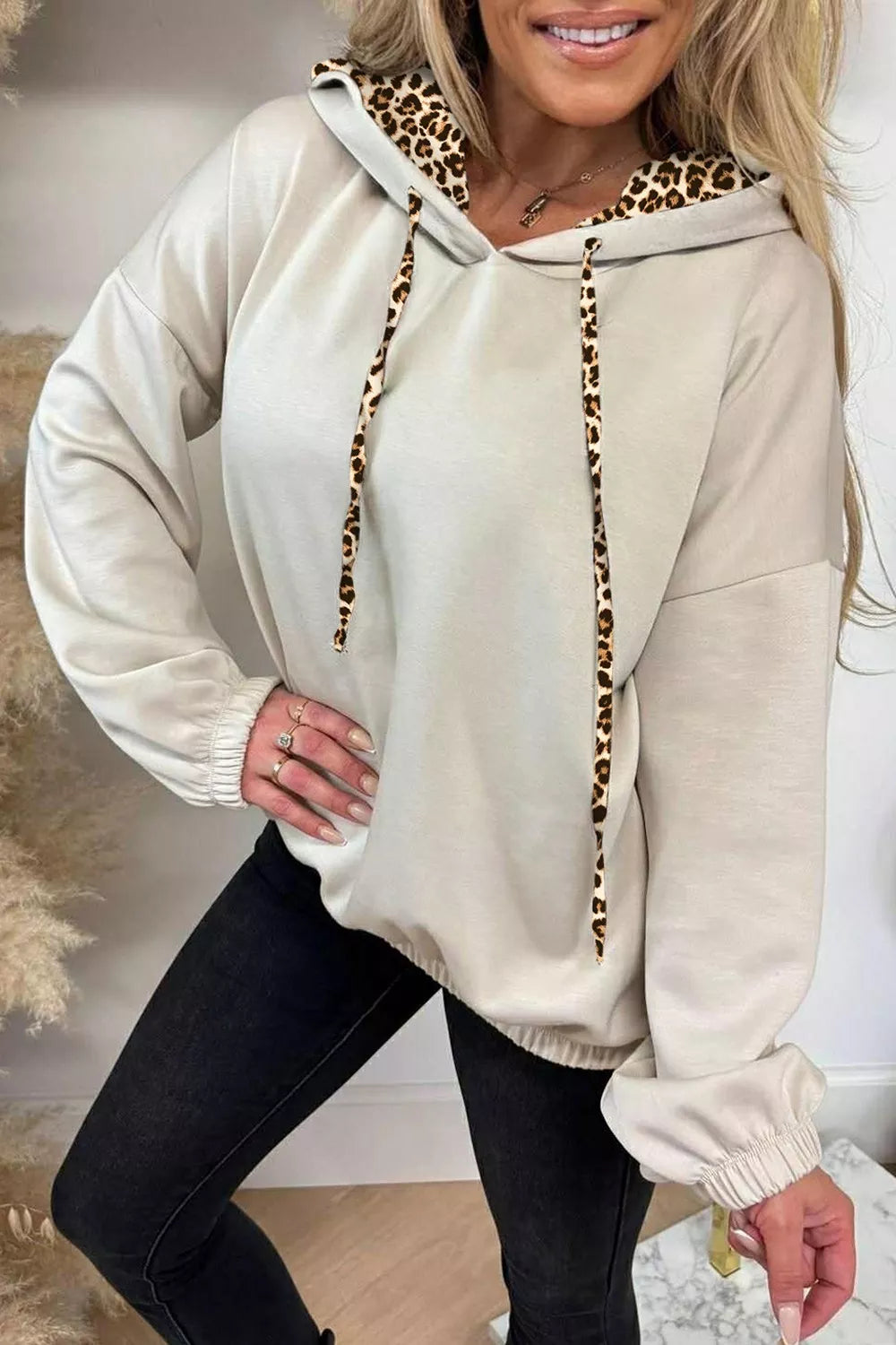 Leopard Print Lined Hoodie with Drawstring