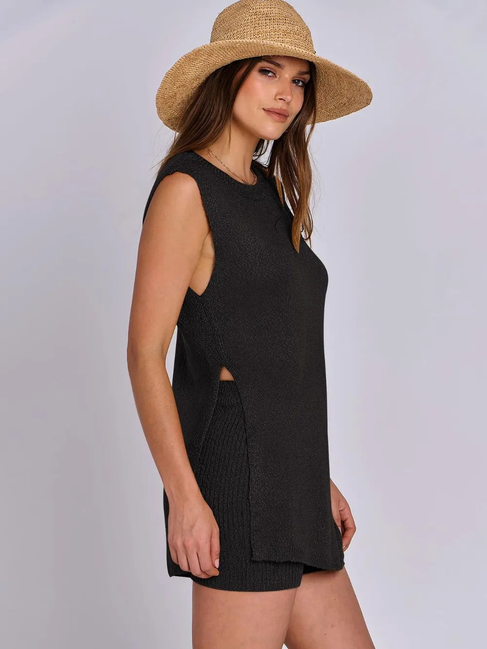 Side Slit Round Neck Tank and Ribbed Shorts Sweater Set