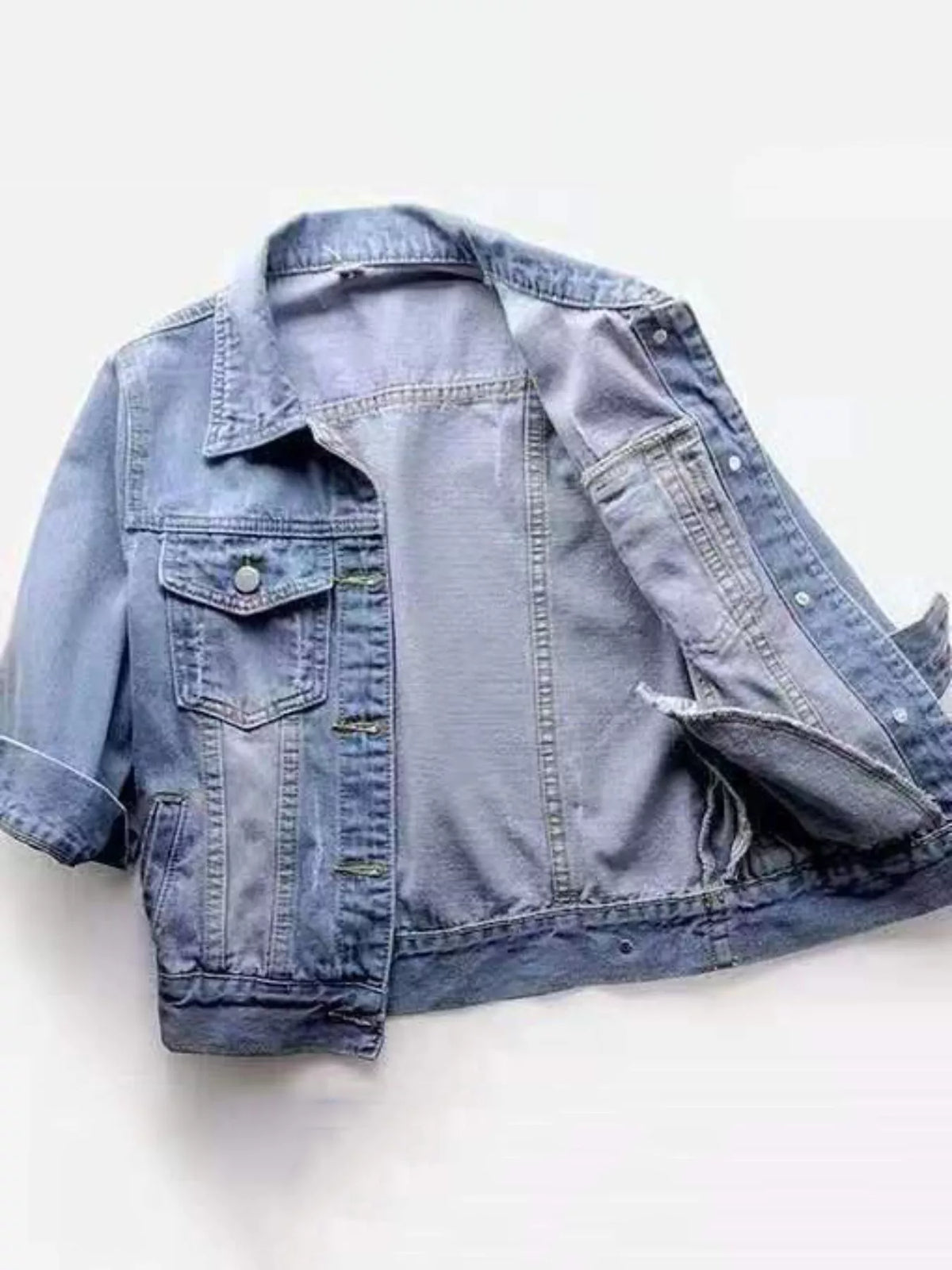 Full Size Distressed Mid-Sleeve Denim Jacket Plus Size