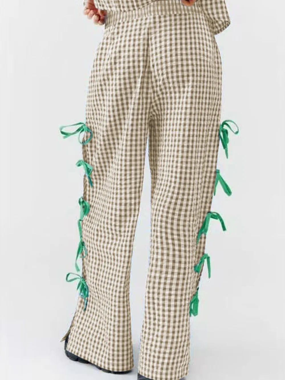 Side Tied Plaid Pants with Relaxed Leg and Slit