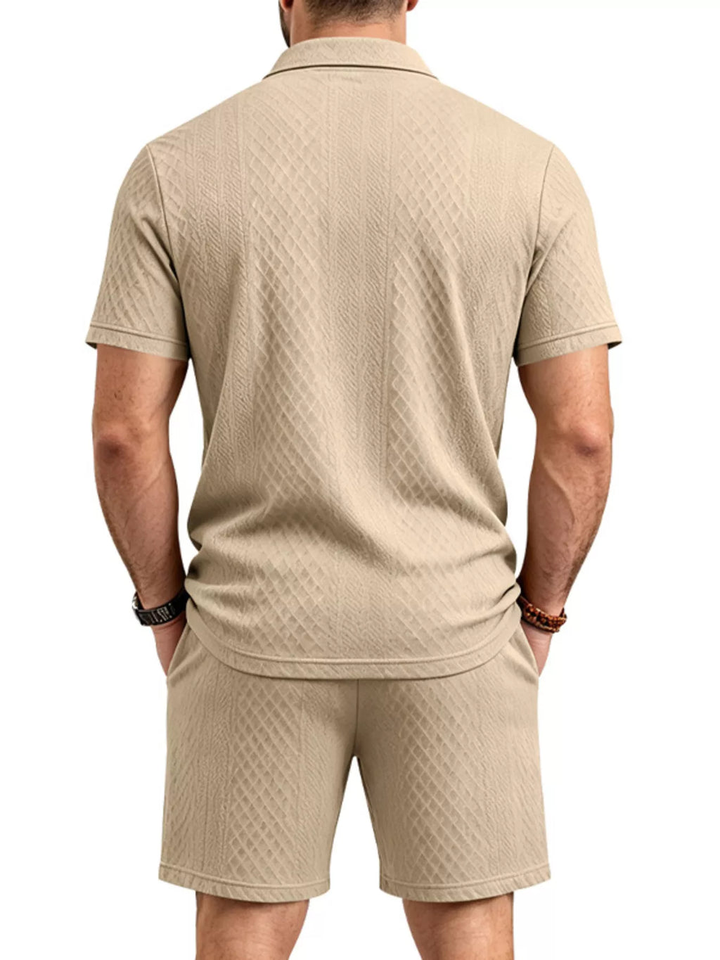 Men's Full Size Textured Short Sleeve Polo and Shorts Set Plus Size