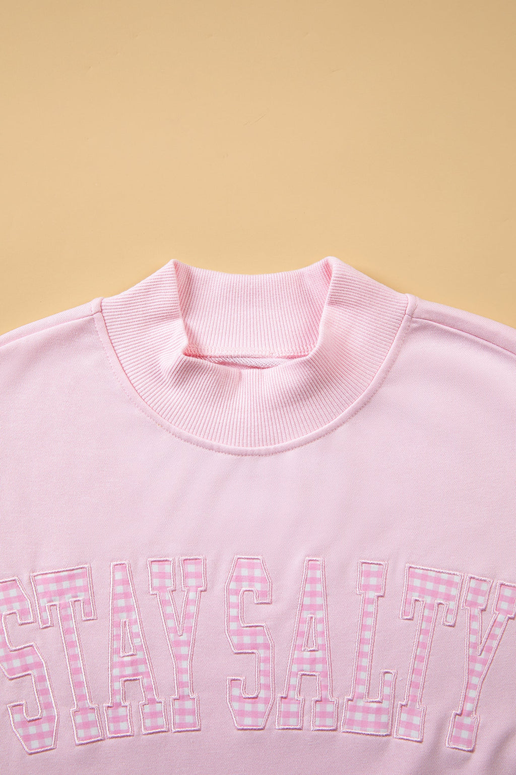 Pink Stay Salty Embroidered Long Sleeve Stand Neck Shift Pullover Sweatshirt
